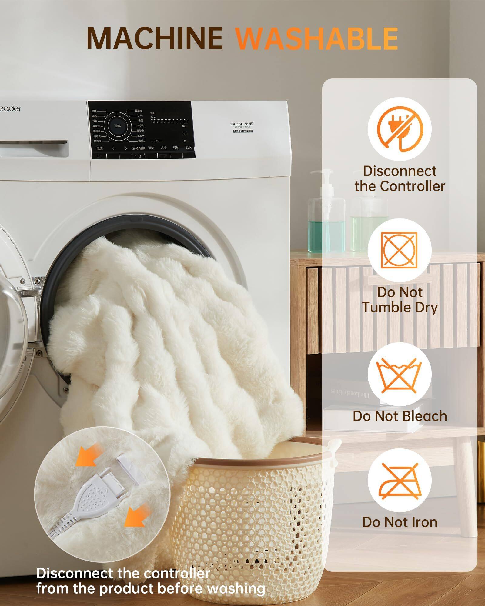 MACHINE WASHABLE

- Disconnect the Controller
- Do Not Tumble Dry
- Do Not Bleach
- Do Not Iron

Disconnect the controller from the product before washing