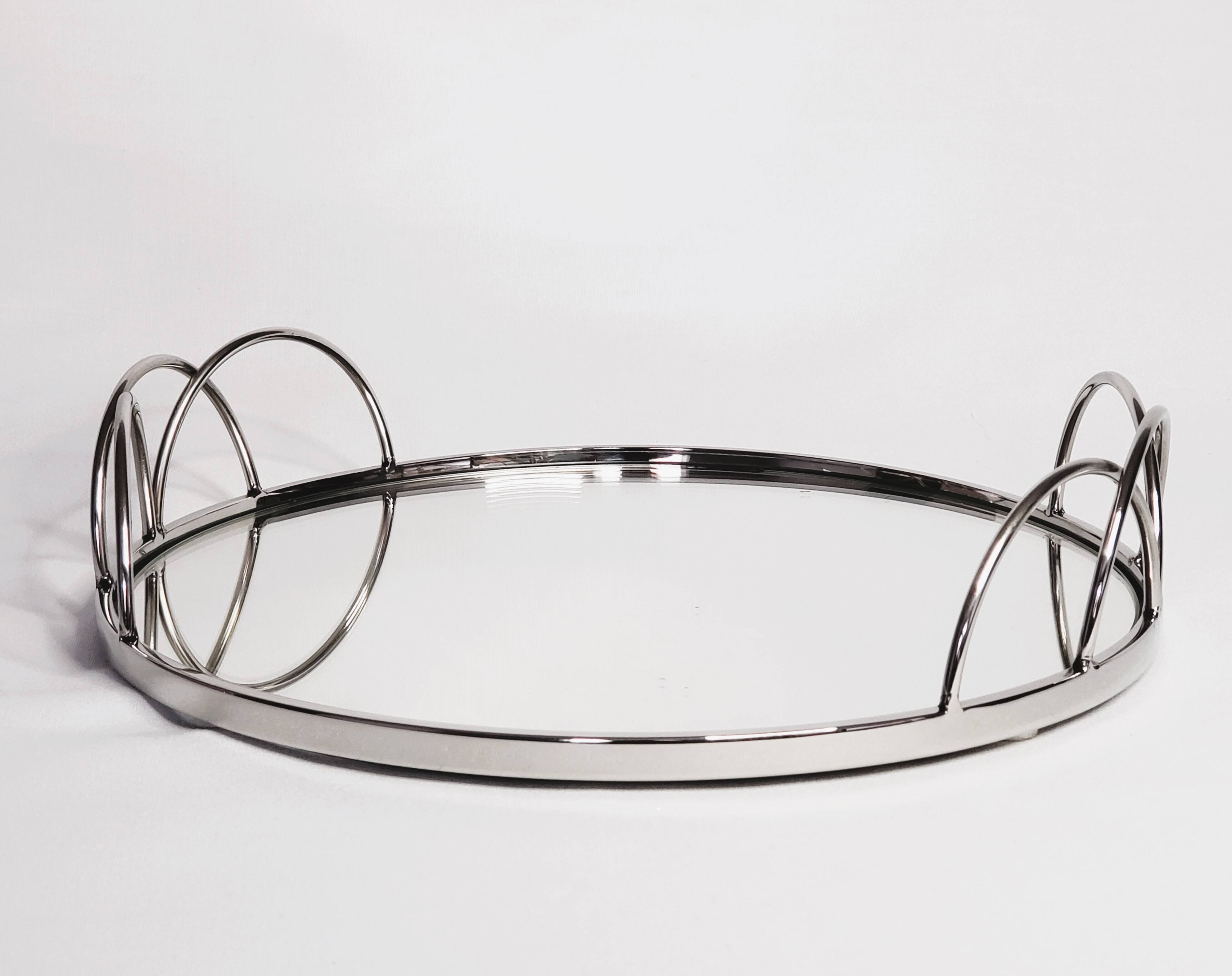 Front. Jiallo - Silver Stainless Steel Round vanity tray with mirror 11" - Silver.