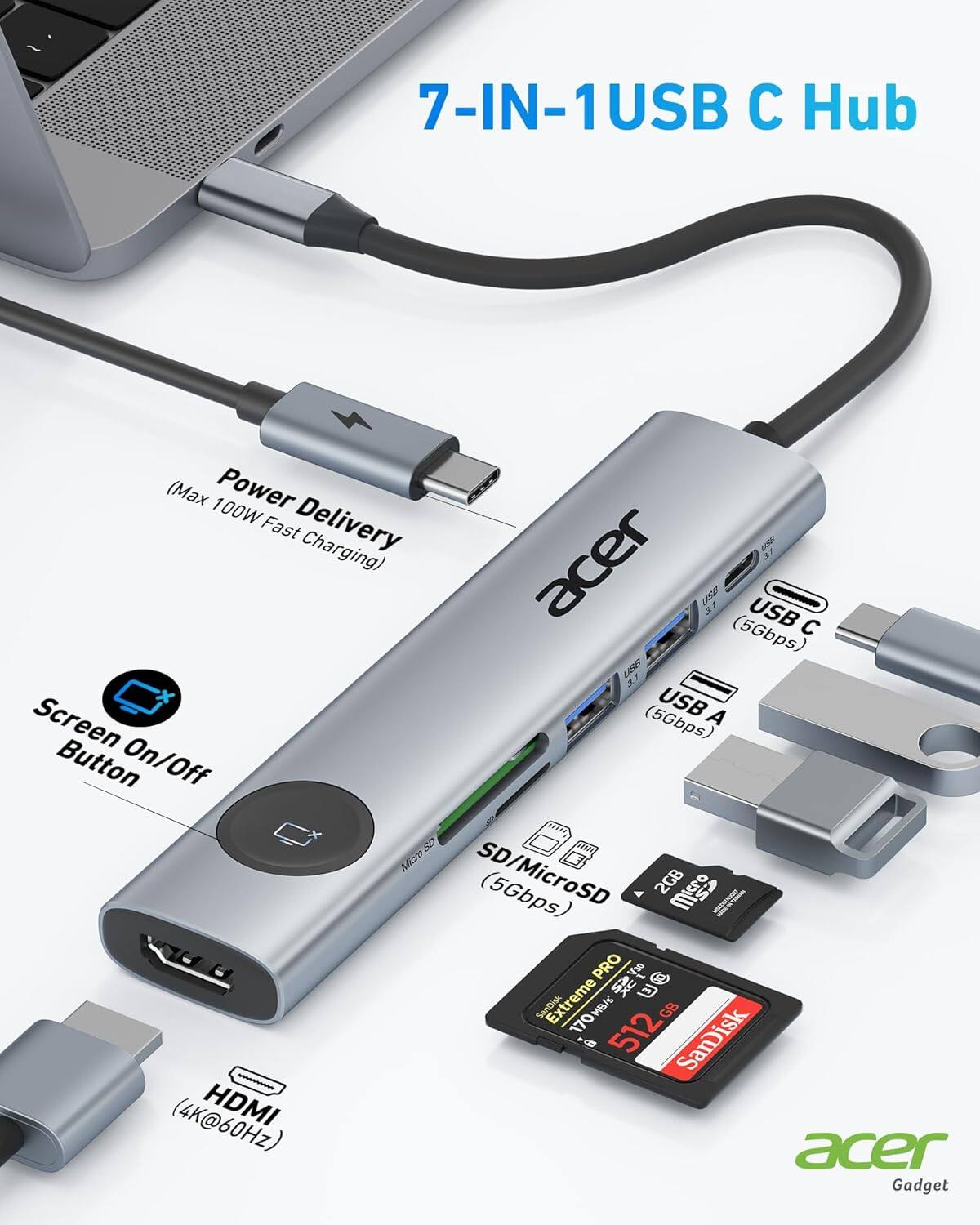 7-IN-1 USB C Hub (Max 100W Power Fast Delivery Charging)  
- USB C (5Gbps)  
- 3 USB A (5Gbps)  
- Screen On/Off Button  
- SD/MicroSD (5Gbps)  
- HDMI (4K@60Hz)  

Acer Gadget