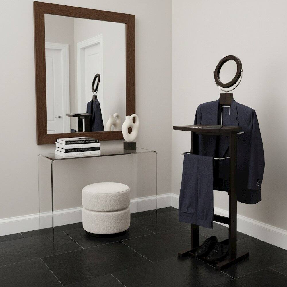 Alt View 3. FurniFact - Espresso Solid Wood Suit Stand, Valet Stand for Clothes with Mirror and Tray - Espresso.