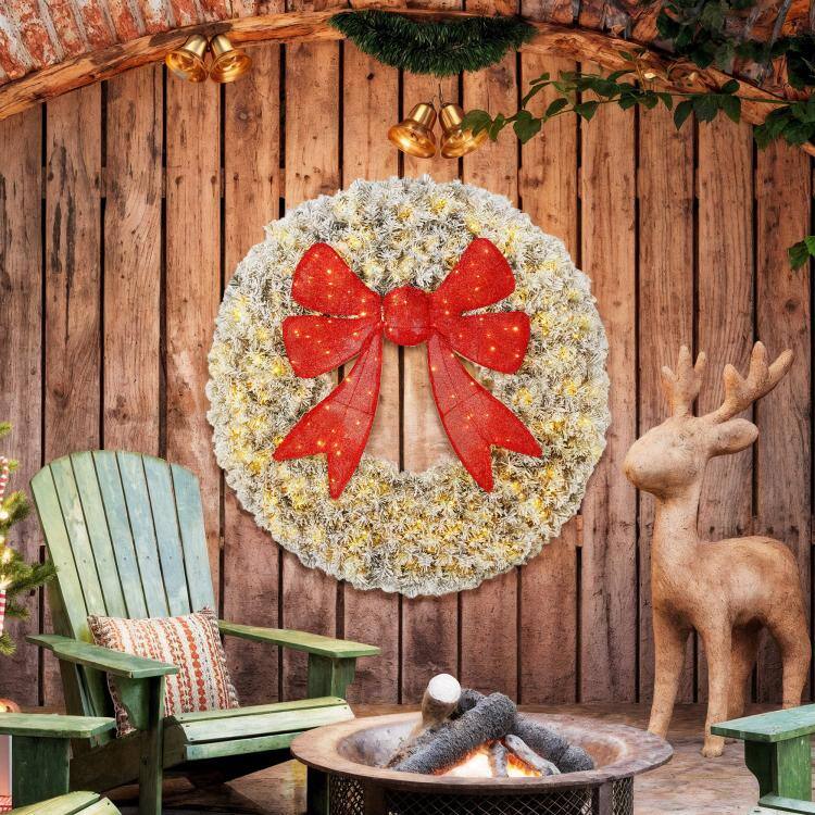 Alt View 2. PULUZ - 48in Flocked Pre-Lit Christmas Wreath with 3D Red Bow, 11 Lighting Modes, Front Door Christmas Wreath with Remote - Green.