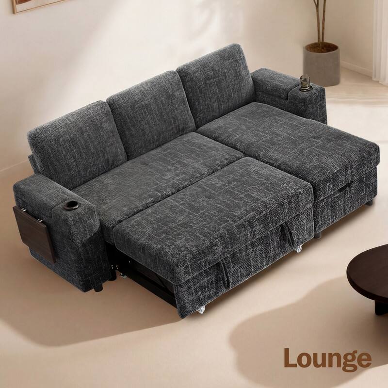 Left. Dyonery - 85" Modular Sectional Sofa with Pull Out Bed,Chenille Fabric 3 Seat Sectional Sleeper Sofa with Storage,for Living Room - Gray.