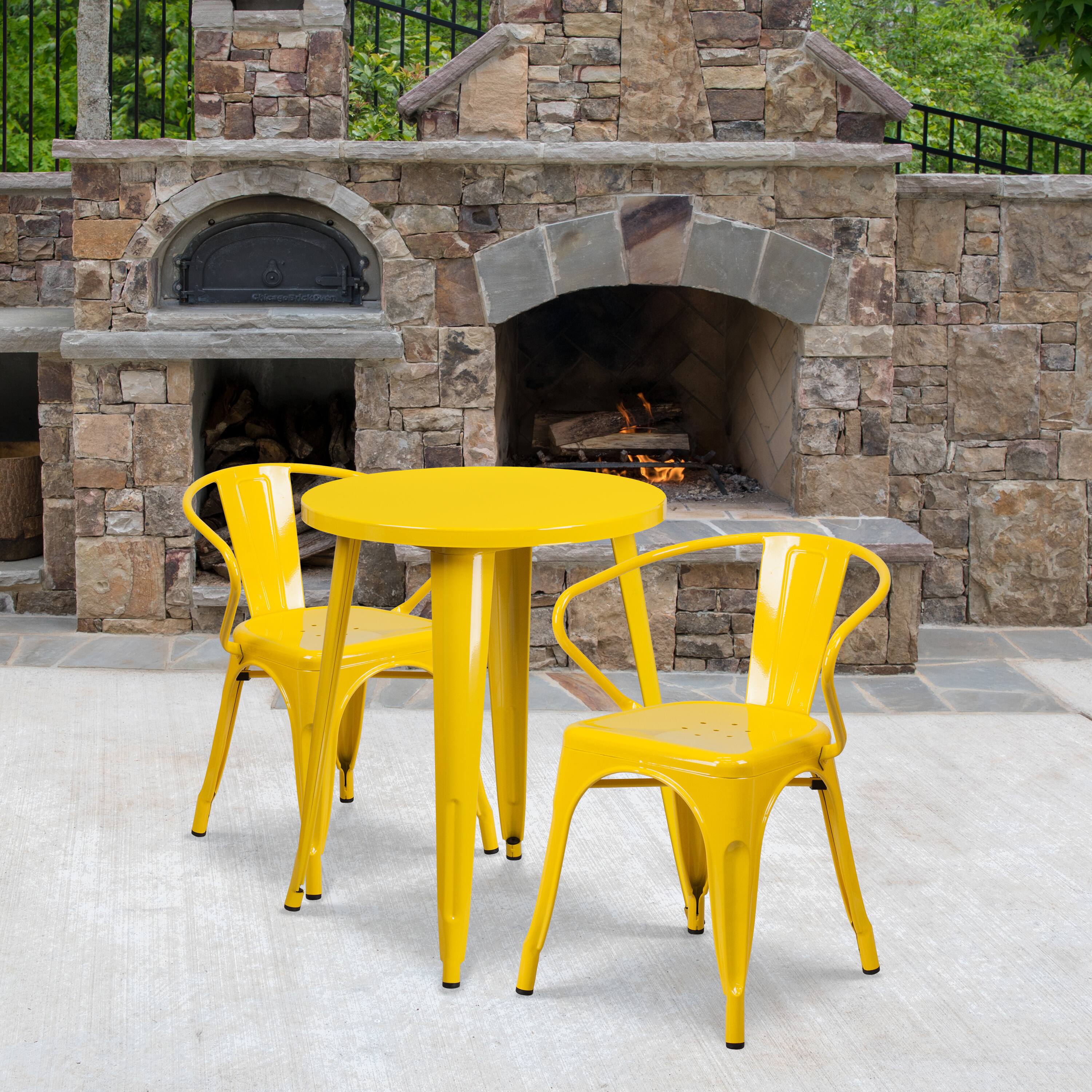 Front. Emma + Oliver - Commercial Grade 24" Round Metal Indoor-Outdoor Table Set with 2 Arm Chairs - Yellow.