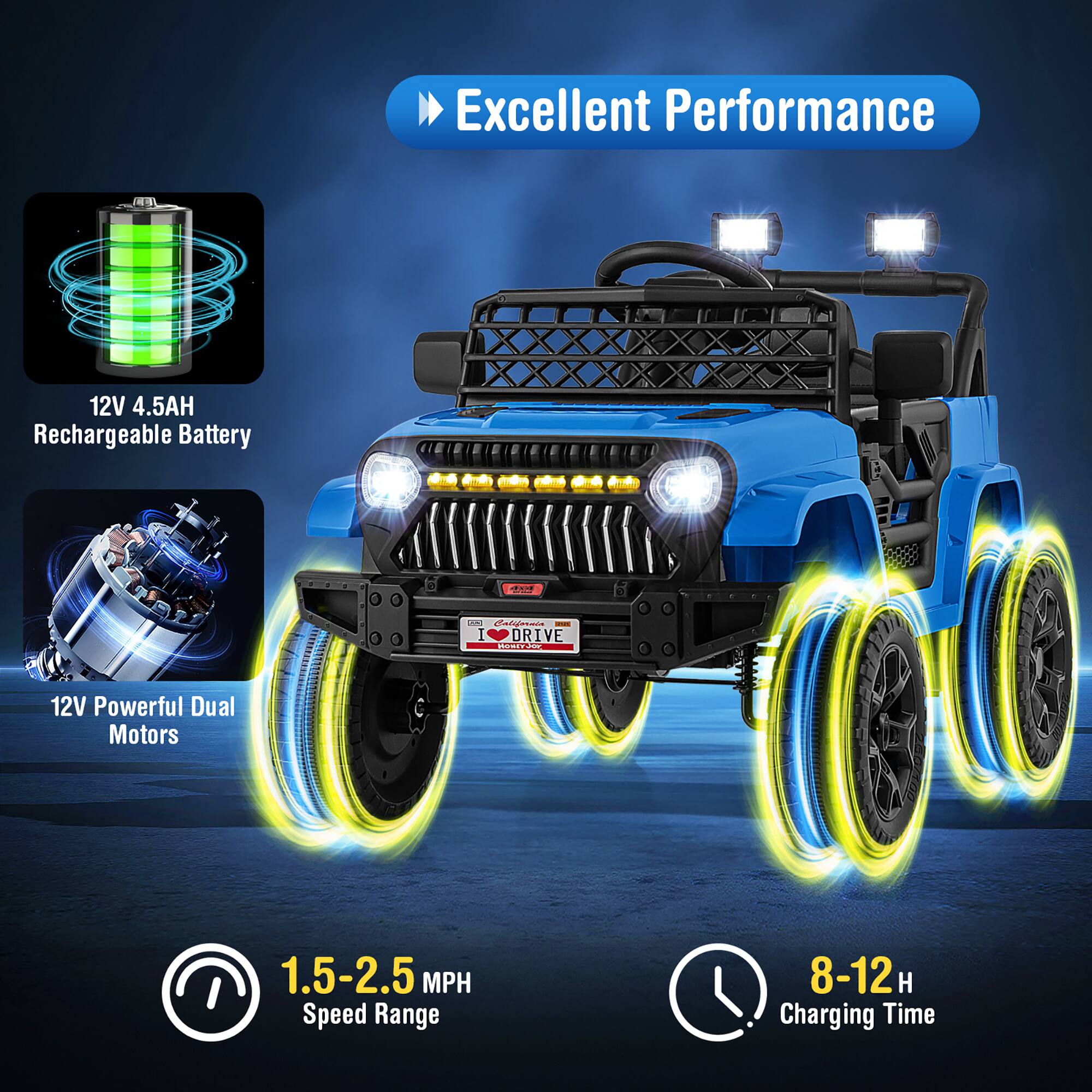 Excellent Performance

- 12V 4.5AH Rechargeable Battery
- 12V Powerful Dual Motors
- 1.5-2.5 MPH Speed Range
- 8-12 H Charging Time