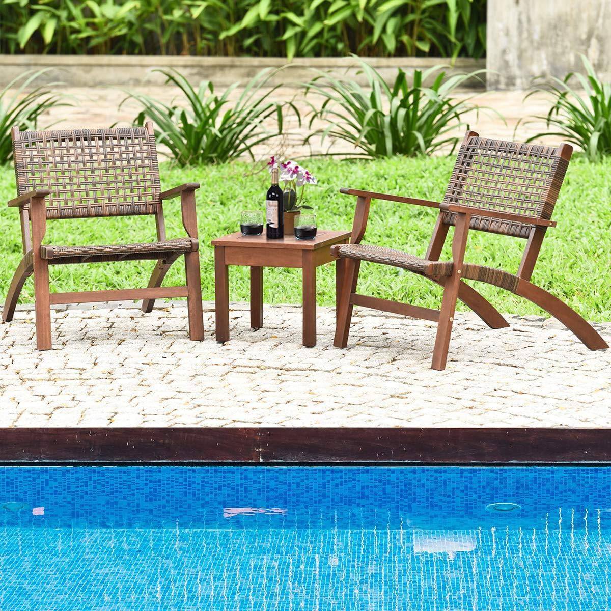 Left. Hivvago - Solid Wood and Rattan 3-Piece Outdoor Patio Furniture Table Chairs Set - brown.