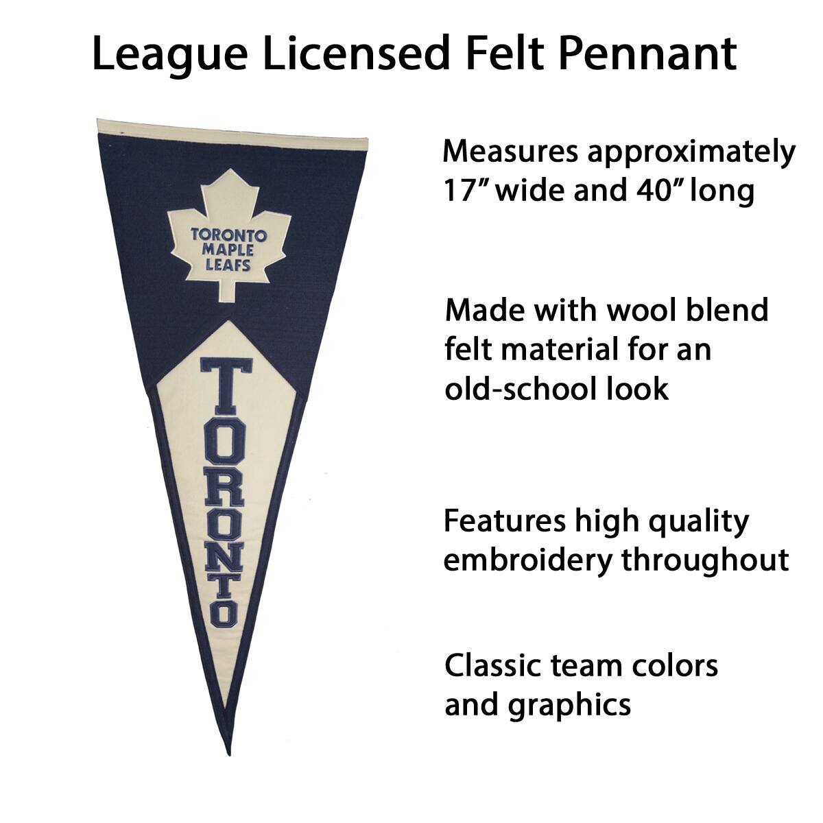League Licensed Felt Pennant

- Measures approximately 17" wide and 40" long
- Made with wool blend felt material for an old-school look
- Features high quality embroidery throughout
- Classic team colors and graphics