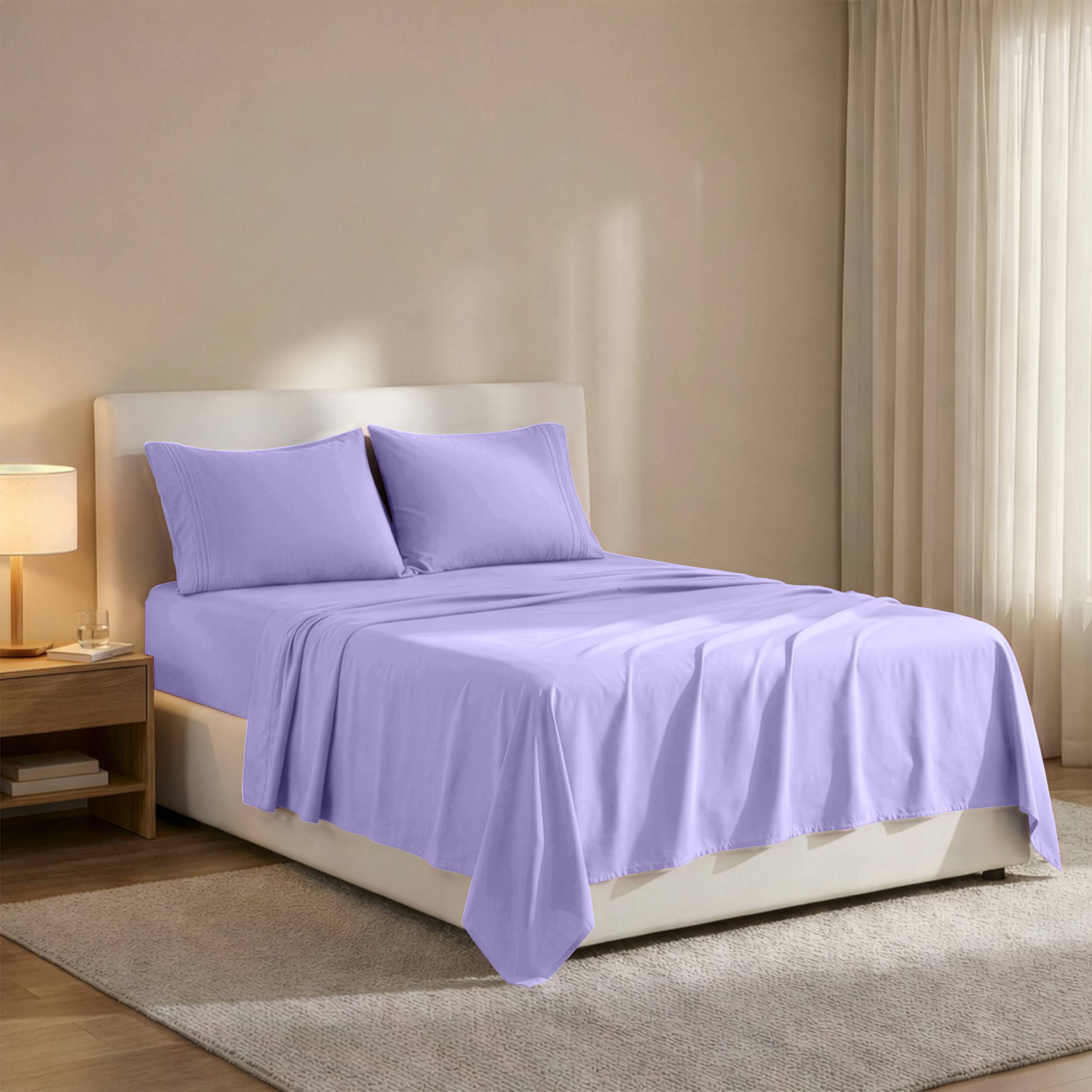 Angle. Lux Decor Collection - 4-Piece Queen Bed Sheet Set, Ultra Soft Microfiber, Deep Pocket, Wrinkle-Resistant, Hypoallergenic, All-Season Comfort - Lavender.