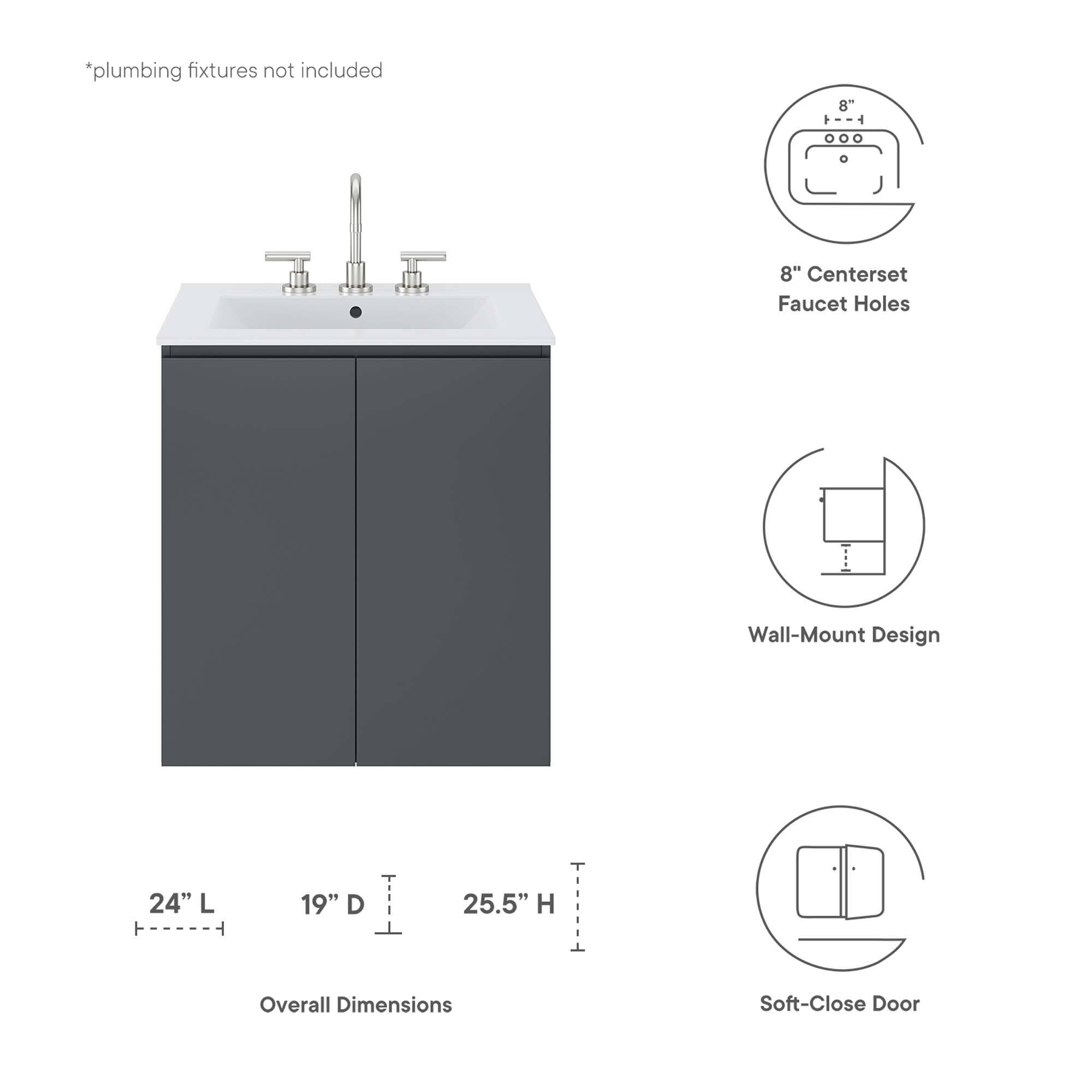 *plumbing fixtures not included

8" Centerset Faucet Holes  
Wall-Mount Design

24" L  
19" D  
25.5" H  
Overall Dimensions

Soft-Close Door