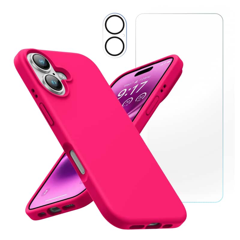 Entronix - iPhone 17 Bundle - Liquid Silicone Case, Screen Protector & Camera Lens Protector - Hot Pink