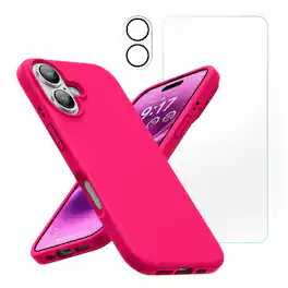 Entronix - iPhone 17 Bundle - Liquid Silicone Case, Screen Protector & Camera Lens Protector - Hot Pink