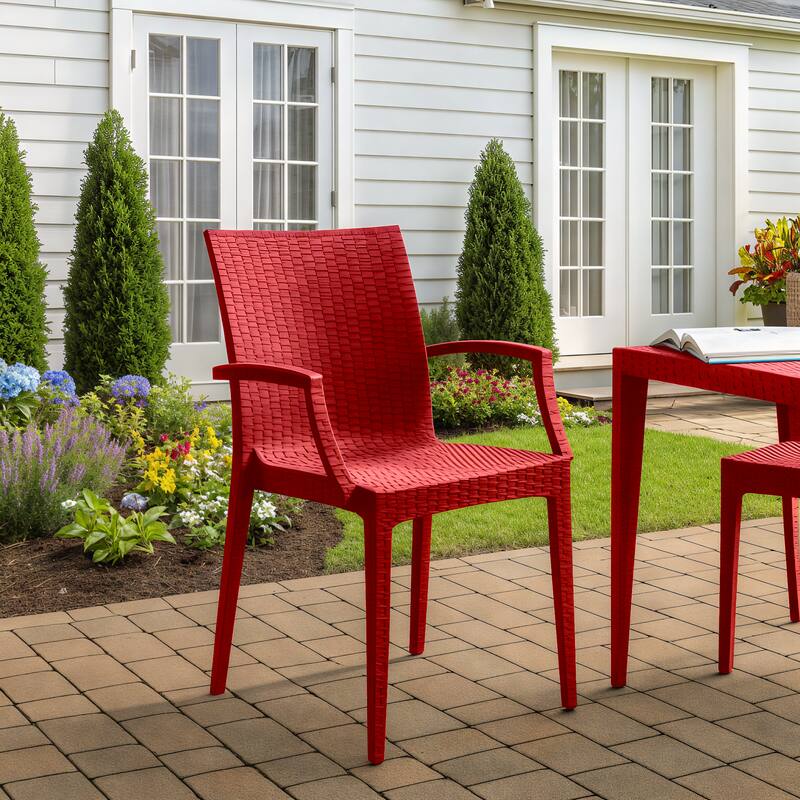 Angle. LeisureMod - Mace Modern Stackable Indoor Outdoor Dining Chair - UV Protected and  No Assembly Required - Red.