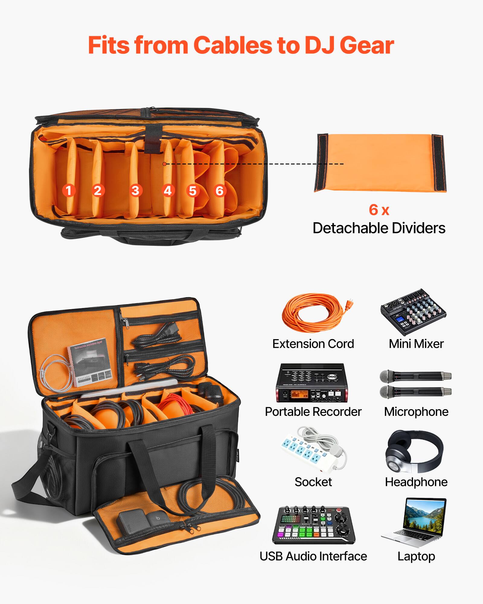 VEVOR Rolling DJ Cable Bag, 1680D, Padded File Gig Bag with Wheels