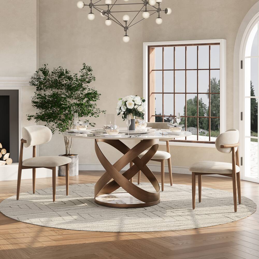 Left. POVISON - 51" Modern Round Dining Table for 4 with Lazy Susan, Pandora Glossy Sintered Stone Tabletop, Bronze X Carbon Steel Base - Pandora Glossy Sintered Stone with Bronze.