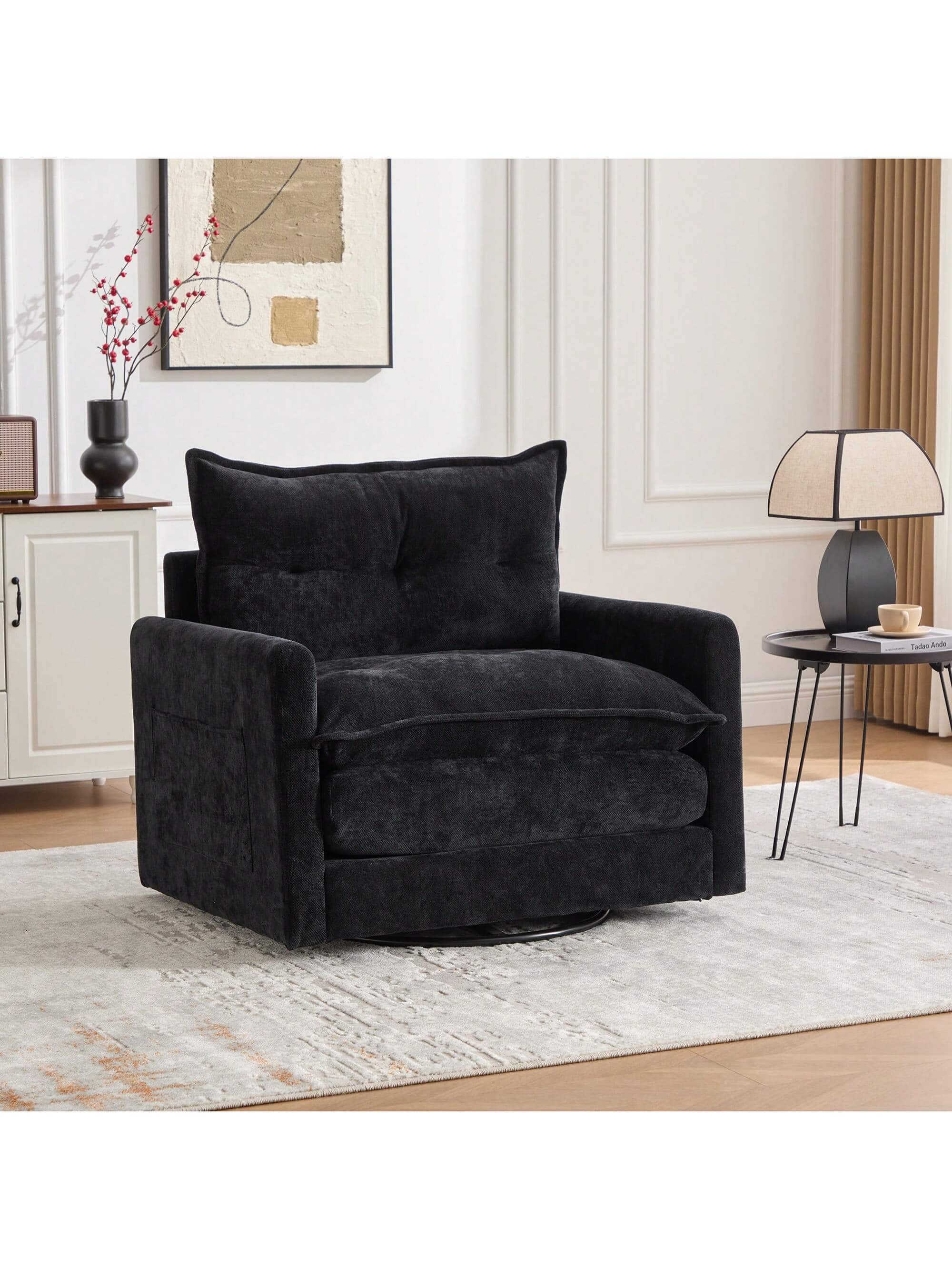 Trinkets Crazed - Swivel Barrel Chair, Mid Century Modern Chair, Thick Padded Arm Chair with Solid Metal Base - Black