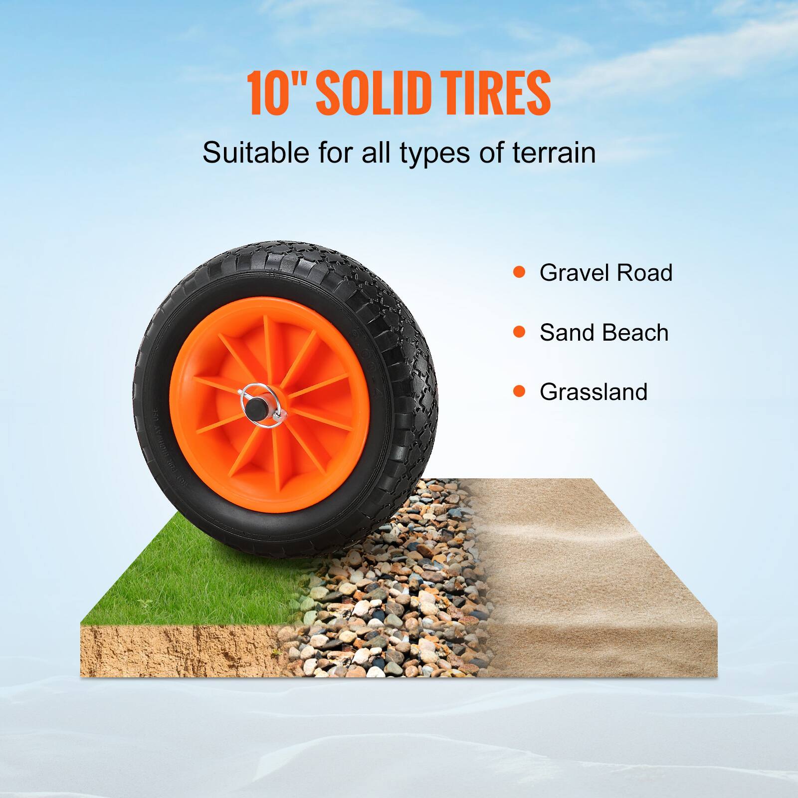 10" SOLID TIRES  
Suitable for all types of terrain  

- Gravel Road  
- Sand Beach  
- Grassland