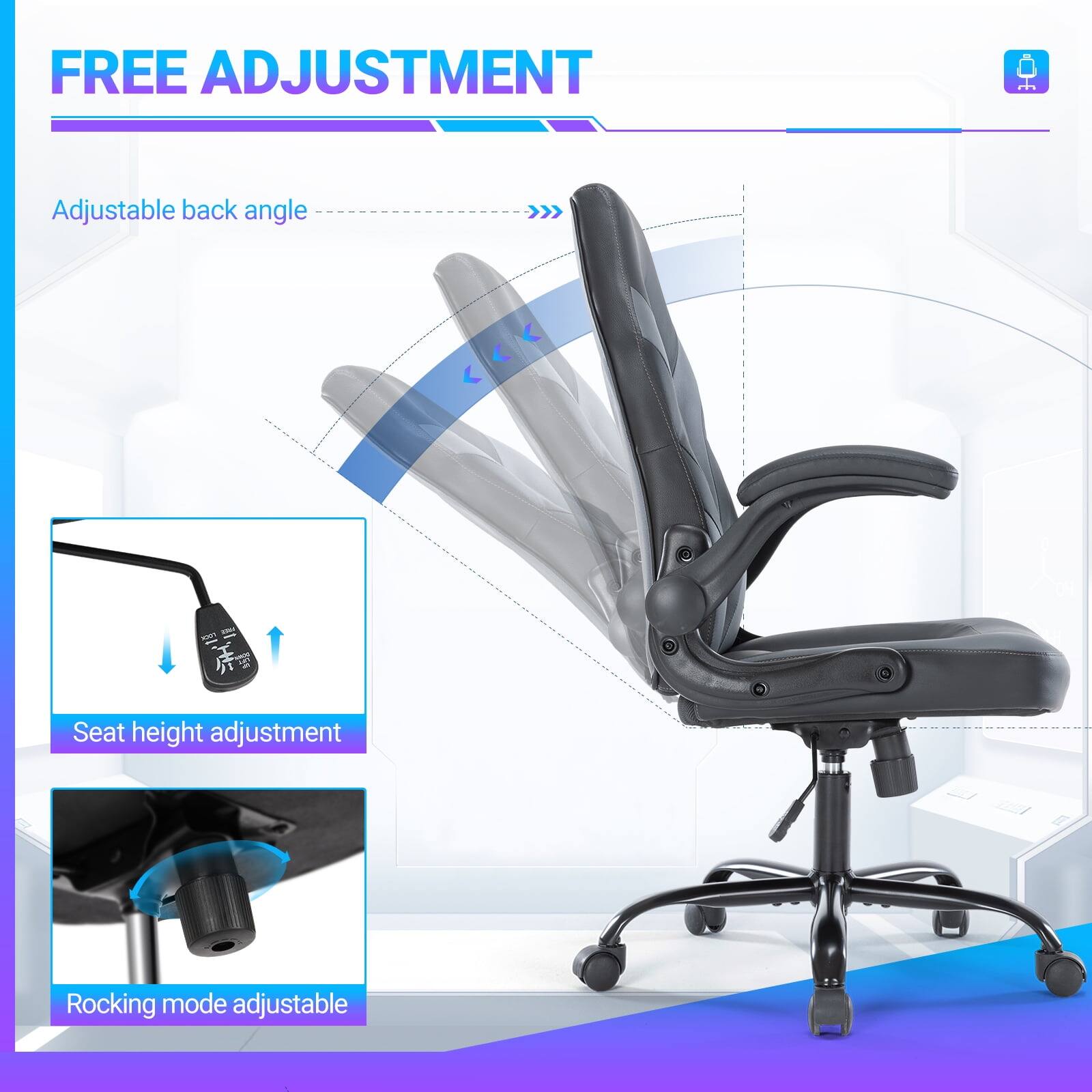 FREE ADJUSTMENT

Adjustable back angle

Seat height adjustment

Rocking mode adjustable