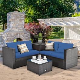 Gymax - 4PCS Cushioned Rattan Patio Conversation Set w/ Side Table Navy Cushion - Brown