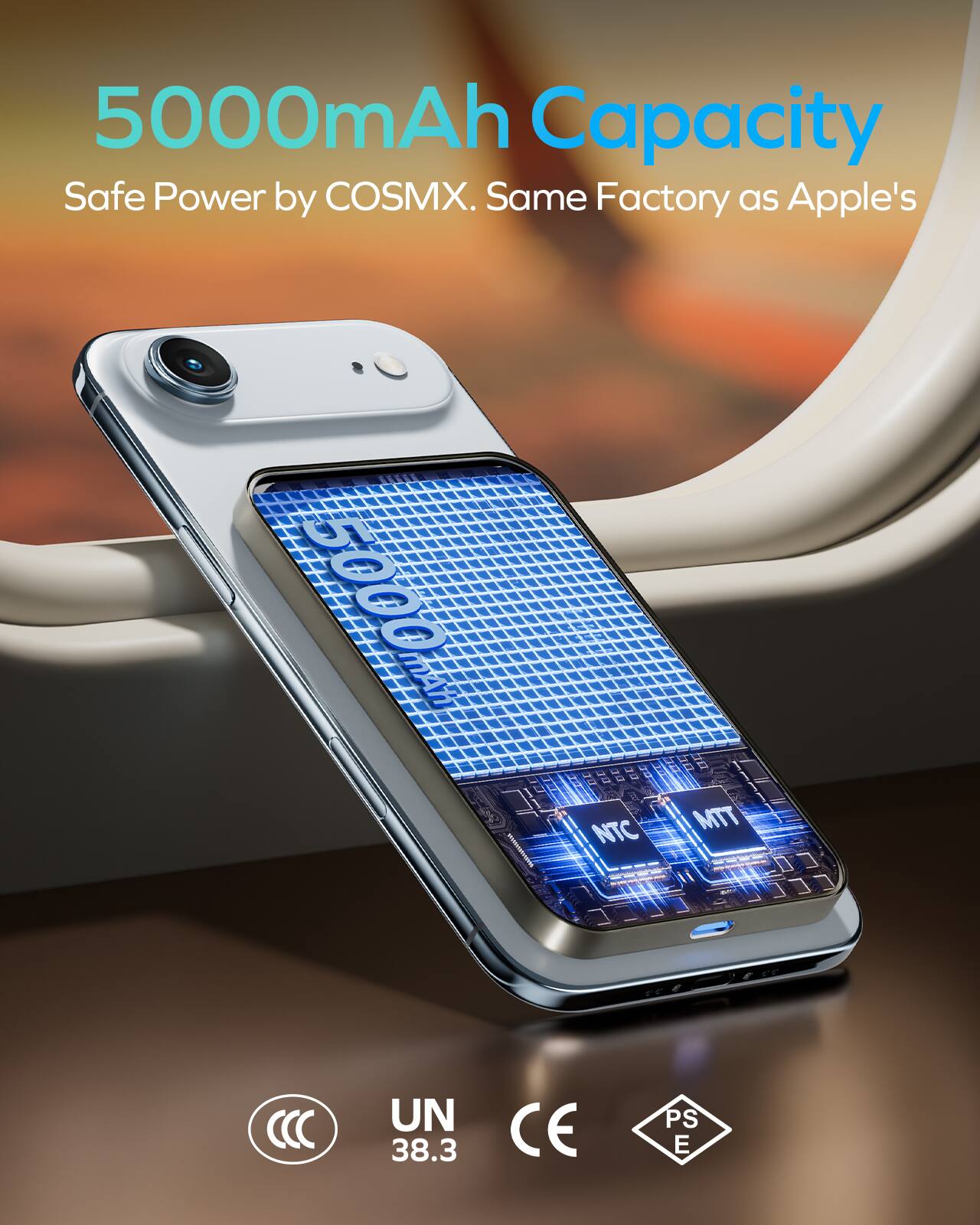 5000mAh Capacity  
Safe Power by COSMX.  
Same Factory as Apple's  

5000mAh  
NTC  
MT  

UN 38.3  
CE  
PS E