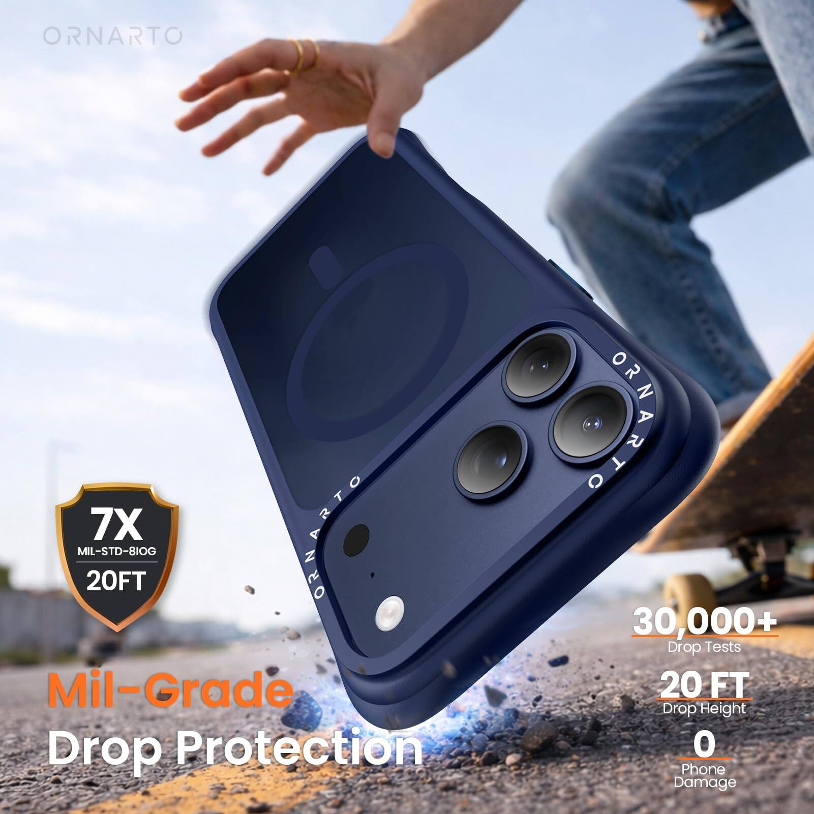 ORNARTO 7X ORNARTO MIL-STD-810G 20FT  
Mil-Grade Drop Protection  
A GENARTO 30,000+ Drop Tests  
20 FT Drop Height  
0 Phone Damage
