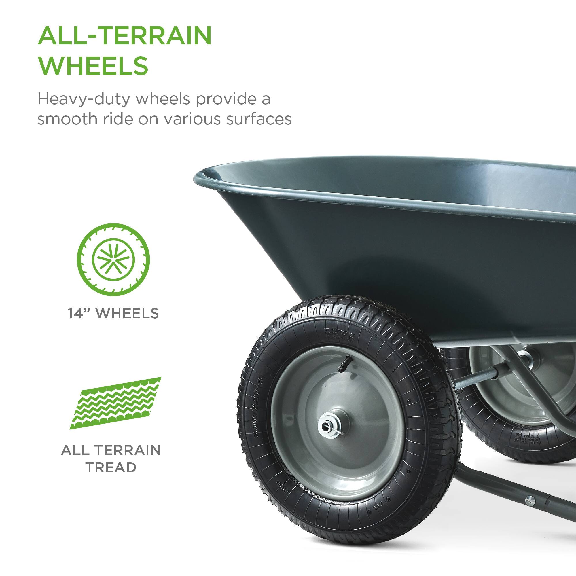 ALL-TERRAIN WHEELS

Heavy-duty wheels provide a smooth ride on various surfaces

14" WHEELS

ALL TERRAIN TREAD