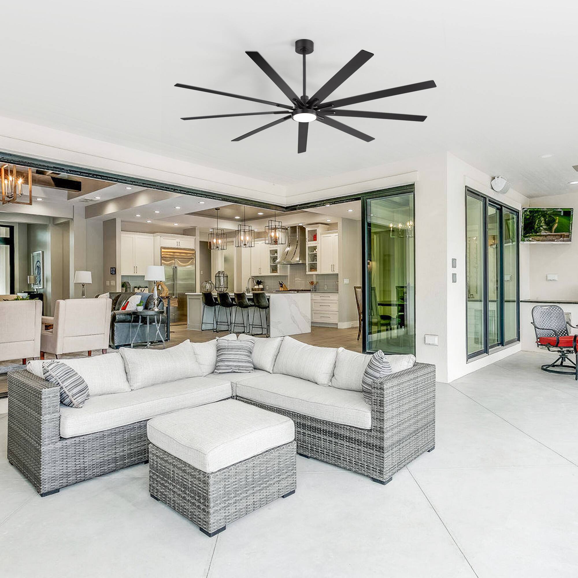 Alt View 1. Breezary - 84 Inch Great Ceiling Fan with Remote Control, 9 Reversible Plywood Blades, DC Motor, 3 Downrods, Light/No Light Options - Black (With Light).