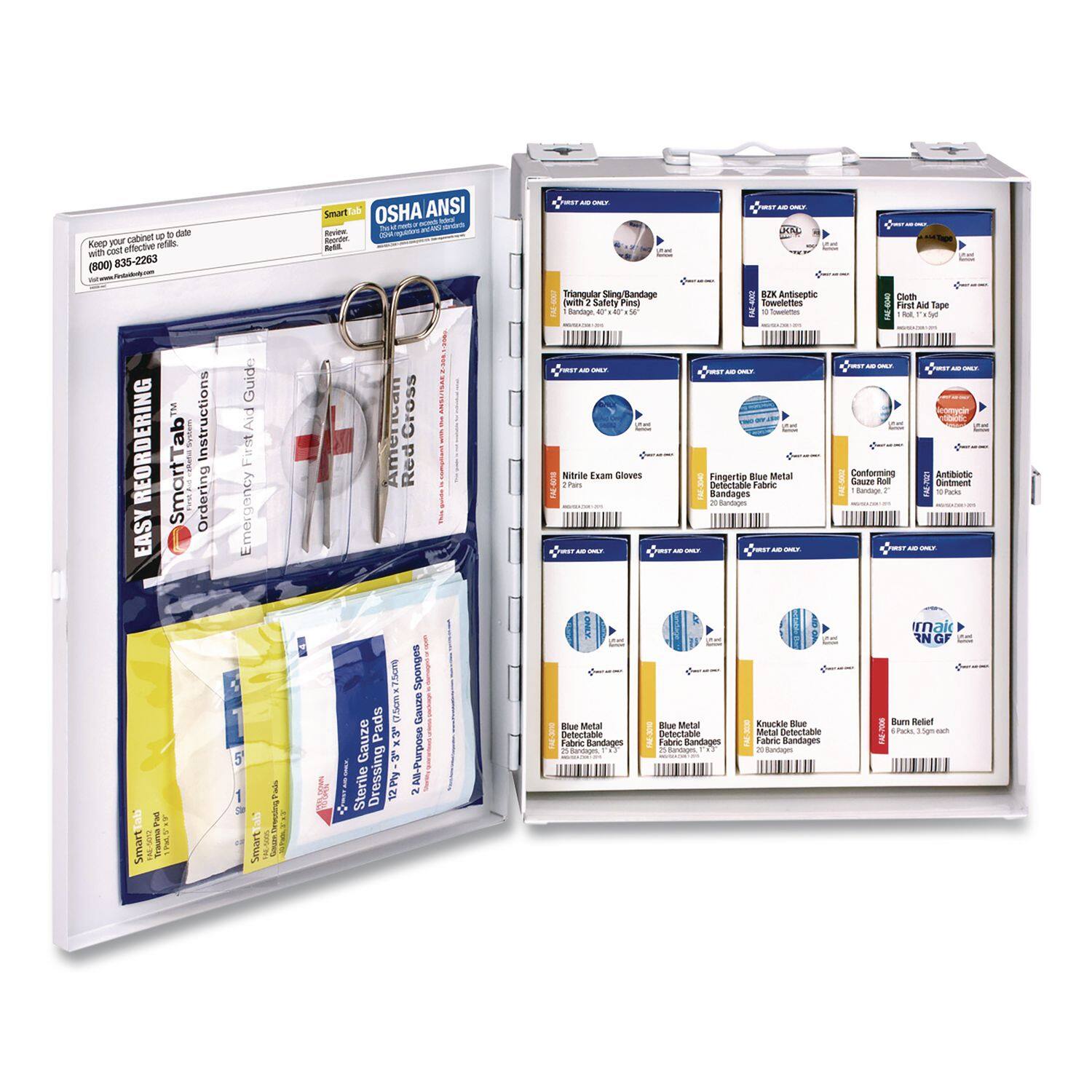 - Keep your cabinet up to date with effective results.  
  (800) 835-2263  
  TM instructions  
  REORDERING!  
  SmartTab Ordering EASY Guide Aid  
  First Aid Emergency  
  OSHA ANSI  
  Review norm  

- Cross ANSUTSAL  
  American Red Cross  

- Triangular Bandage with 1 Safety Pins  
  Mandage  

- Nitrile Exam Gloves  
  JE B7K  
  Antiseptic Towelettes  

- Fingertip Rive Metal Detectable Fabric Bandages  
  ntarmion Clutch  

- Conforming Antibiotic Ointment  

- Sterile Dressing 12P  
  Sponges GauzeS All-Purpose  

- Blue Metal Detectable Fabric Bandages  
  Enockle  

- Burn Relief  

- SmartTab  
  Ordering First Aid and Guides  

- Emergency First Aid Kit  

- Triangular Bandage 1 Bandage 24" x 40" x 40"  
  1 Pack  

- Nitrile Exam Gloves  
  100 Gloves  

- Fingertip Blue Metal Detectable Fabric Bandages  
  2