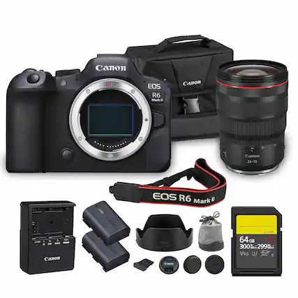 Canon EOS R6 Mark II
Canon 24-70
Canon 64GB 300MB/s V90
Canon Battery Charger
Canon Battery
Canon Lens Cap
Canon Lens Hood
Canon Lens Strap
