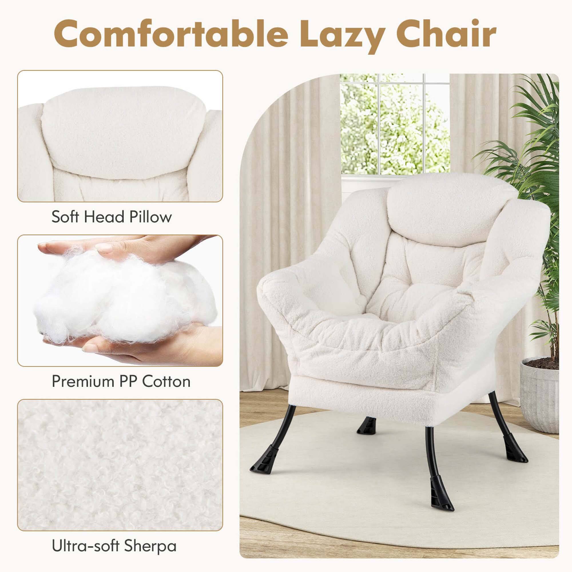 The image features a comfortable lazy chair with a soft head pillow made of premium PP cotton. The chair is designed to provide ultra-soft sherpa comfort, making it an ideal choice for relaxation and leisure.