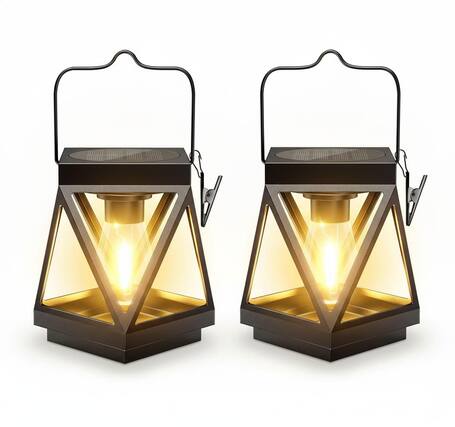 Front. FINEAK - 8.46" 2 Pack Upgraded Black Metal Solar Hanging Lanterns - Waterproof Outdoor Decor - Black.