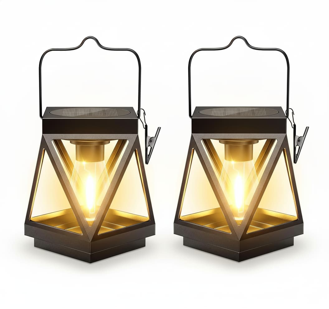Front. FINEAK - 8.46" 2 Pack Upgraded Black Metal Solar Hanging Lanterns - Waterproof Outdoor Decor - ‎Black.