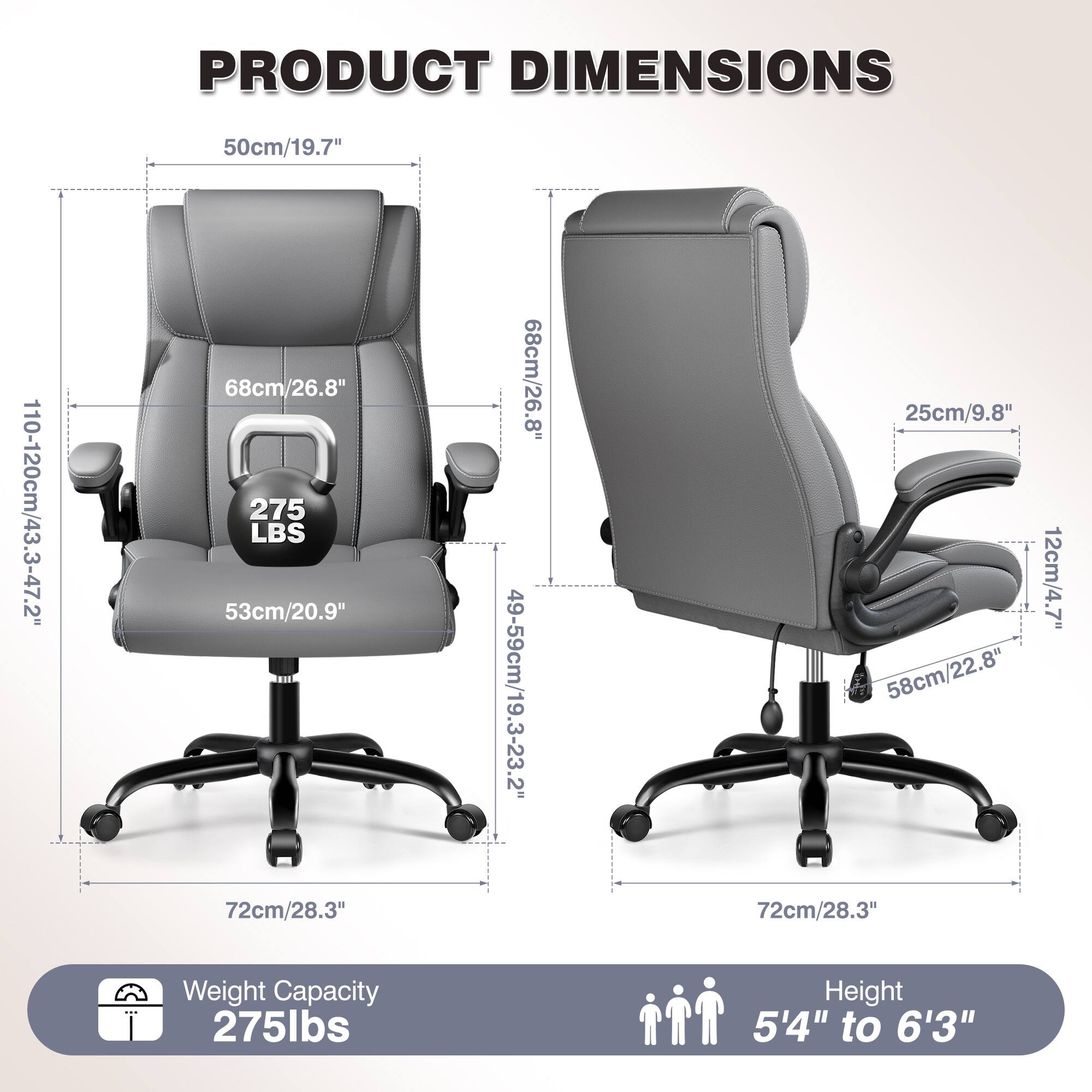 KERDOM - Ergonomic Office Chair - Desk Computer Chair, PU Leather High Back Executive Chair, Inflatable Lumbar Support, Wide Seat - Gray - Thumbnail 3