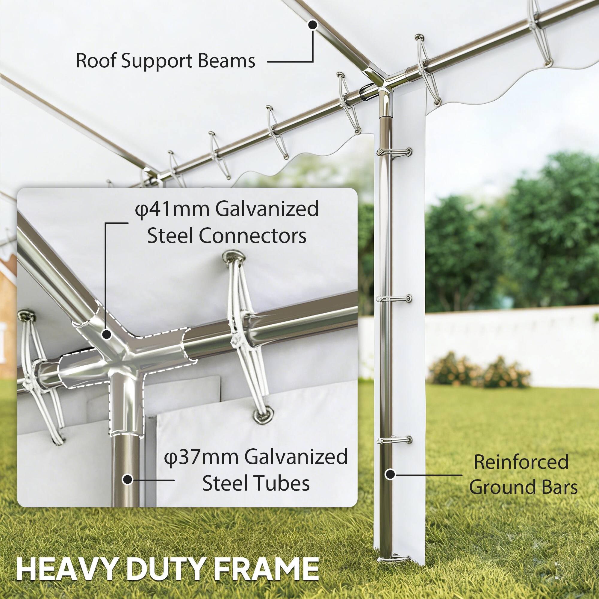 Roof Support Beams  
- φ41mm Galvanized Steel Connectors  
- φ37mm Galvanized Steel Tubes  
- Reinforced Ground Bars  

HEAVY DUTY FRAME