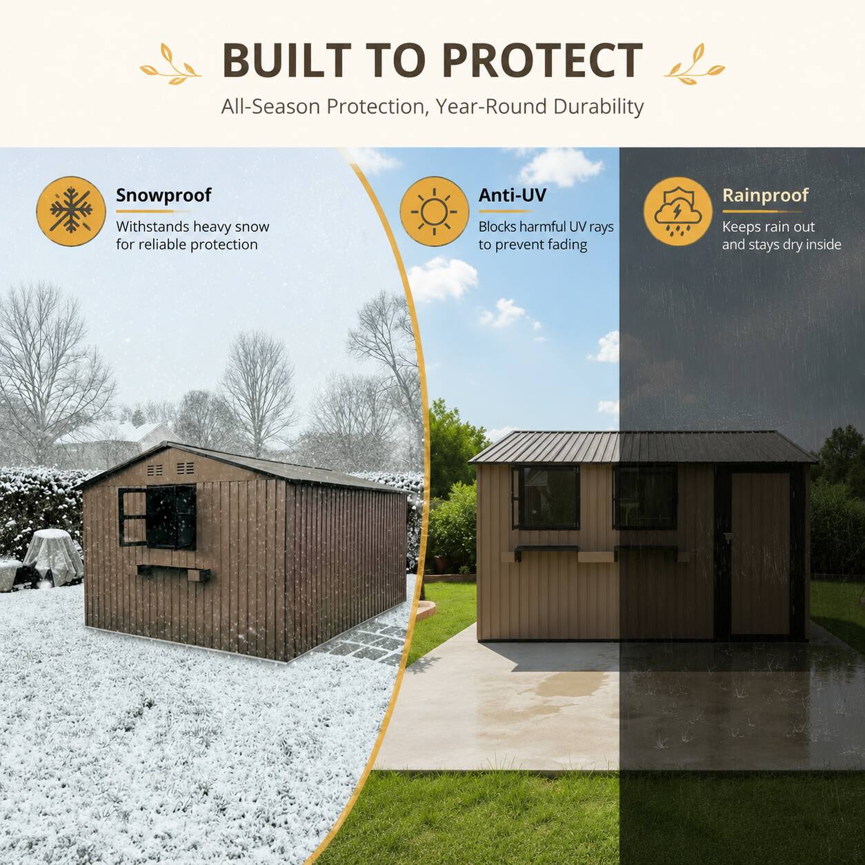 BUILT TO PROTECT  
All-Season Protection, Year-Round Durability  

Snowproof  
Withstands heavy snow for reliable protection  

Anti-UV  
Blocks harmful UV rays to prevent fading  

Rainproof  
Keeps rain out and stays dry inside