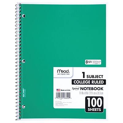Sure, here is the corrected and grouped text:

---

**Mead**  
*Learn. Discover. Create.*

**1 Subject**  
**College Ruled**  
**Spiral Notebook**

**Made in U.S.A.**  
**100 Sheets**

**Dimensions:**  
11" x 8 1/2" (279 mm x 213 mm)

**Barcode:**  
1 310 0622

---

**SFI**  
*Forest Stewardship Council*  
*Certified Chain of Custody*