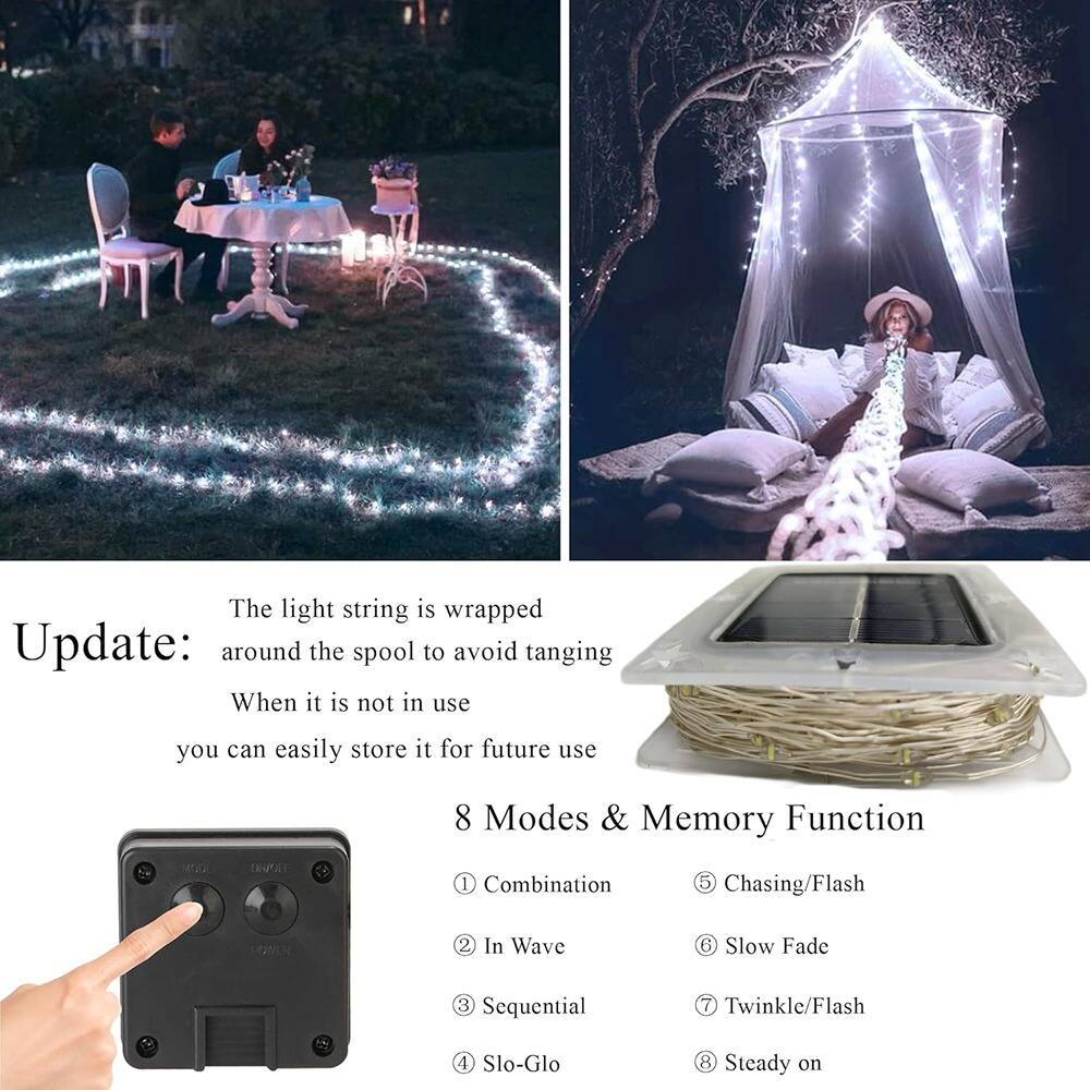 Update:  
The light string is wrapped around the spool to avoid tangling. When it is not in use, you can easily store it for future use.  

8 Modes & Memory Function  
1. Combination  
2. In Wave  
3. Sequential  
4. Slo-Glo  
5. Chasing/Flash  
6. Slow Fade  
7. Twinkle/Flash  
8. Steady on