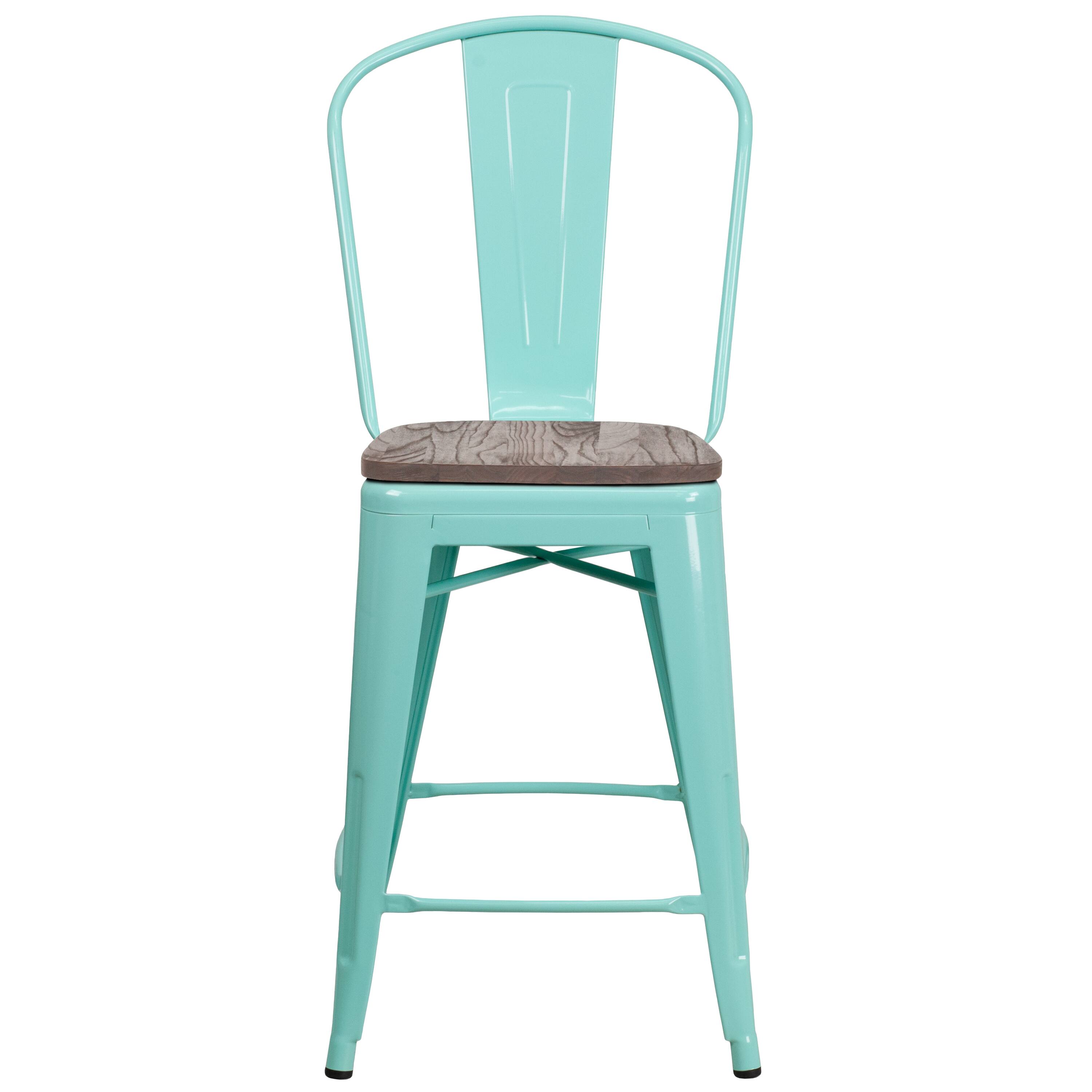 Alt View 5. Emma + Oliver - 24"H Metal Counter Height Stool with Back and Wood Seat - Mint Green.