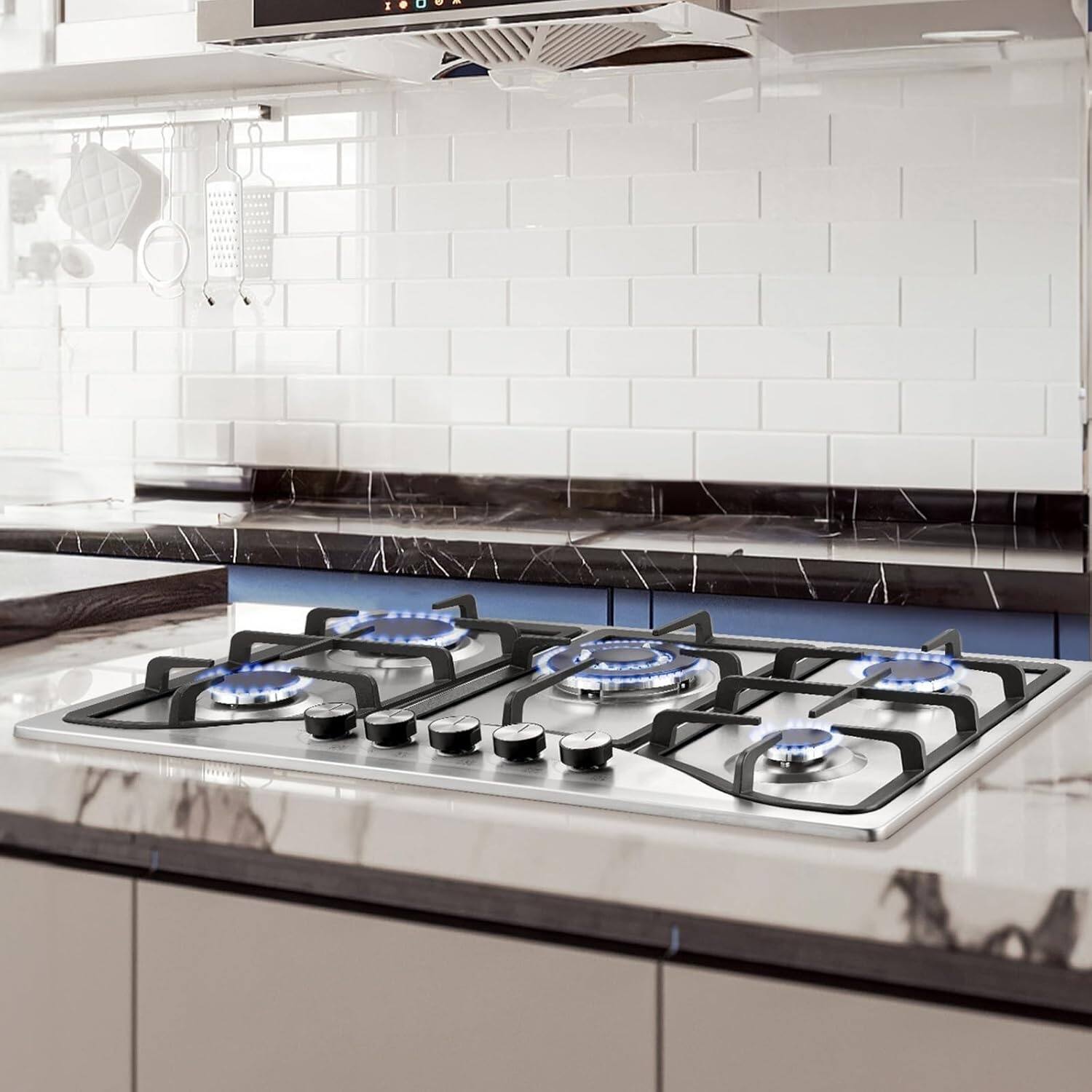 Alt View 4. MOOSOO - 30 inch 5 Burners Cooktop Max 12250BTU  LPG/NG Convertible Dual Fuel Natural Gas Hob - Silver.