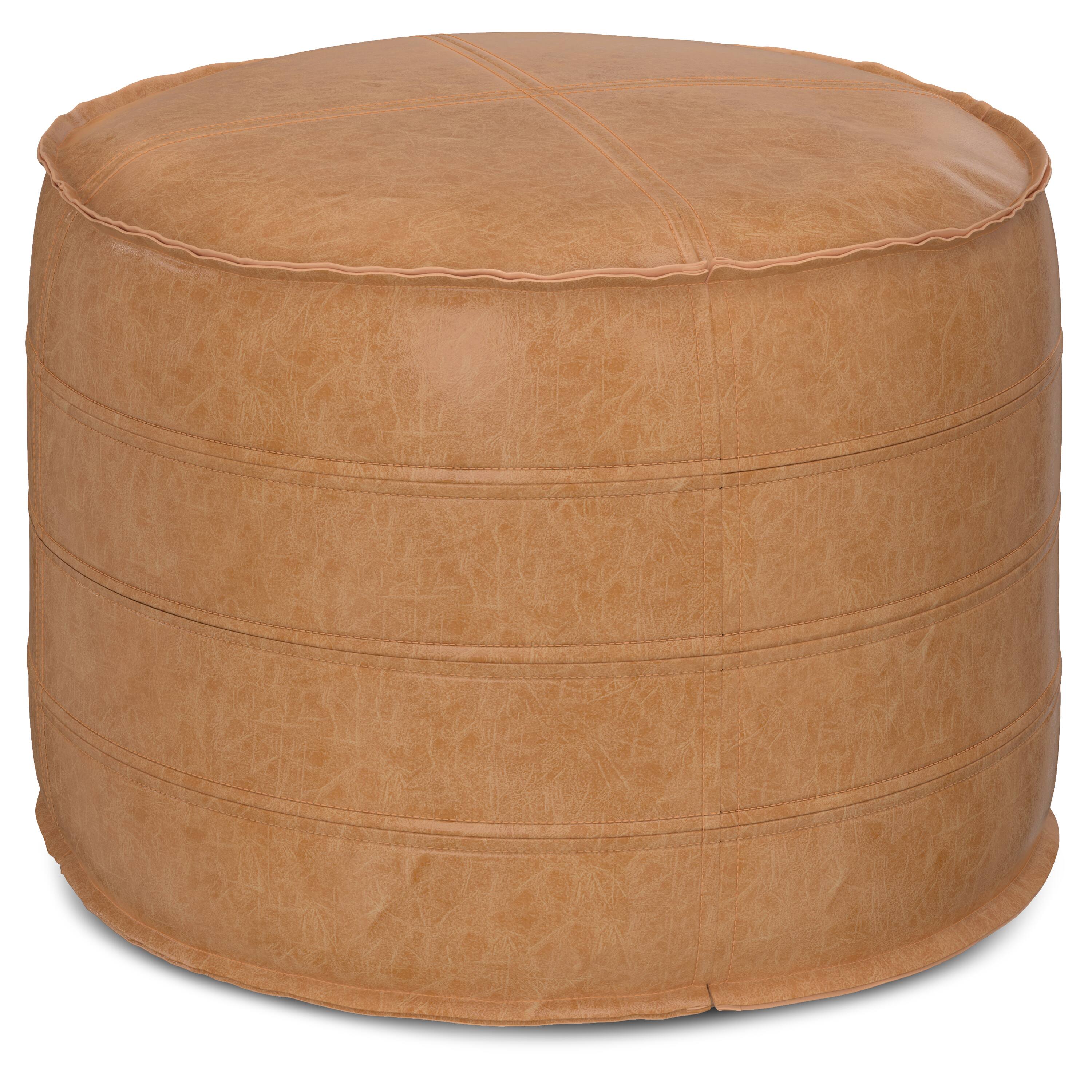 Angle. Simpli Home - Brody 20 Inch Round Pouf - Distressed Brown.