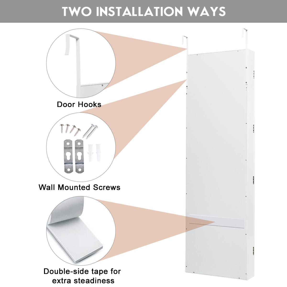 Two Installation Ways: Door Hooks, Wall Mounted Screws, and Double-side Tape for Extra Steadiness.