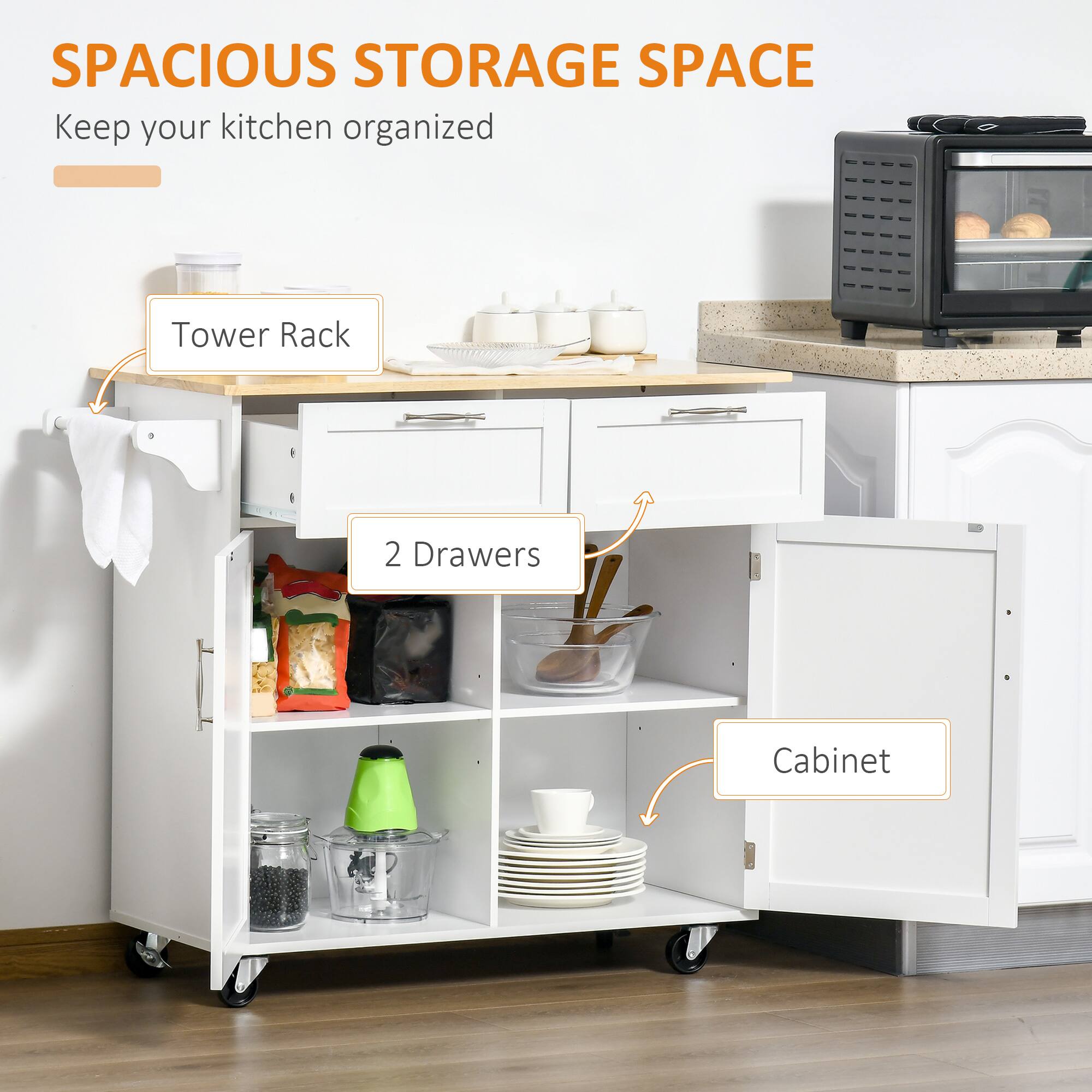 SPACIOUS STORAGE SPACE
Keep your kitchen organized

Tower Rack
2 Drawers
Cabinet
