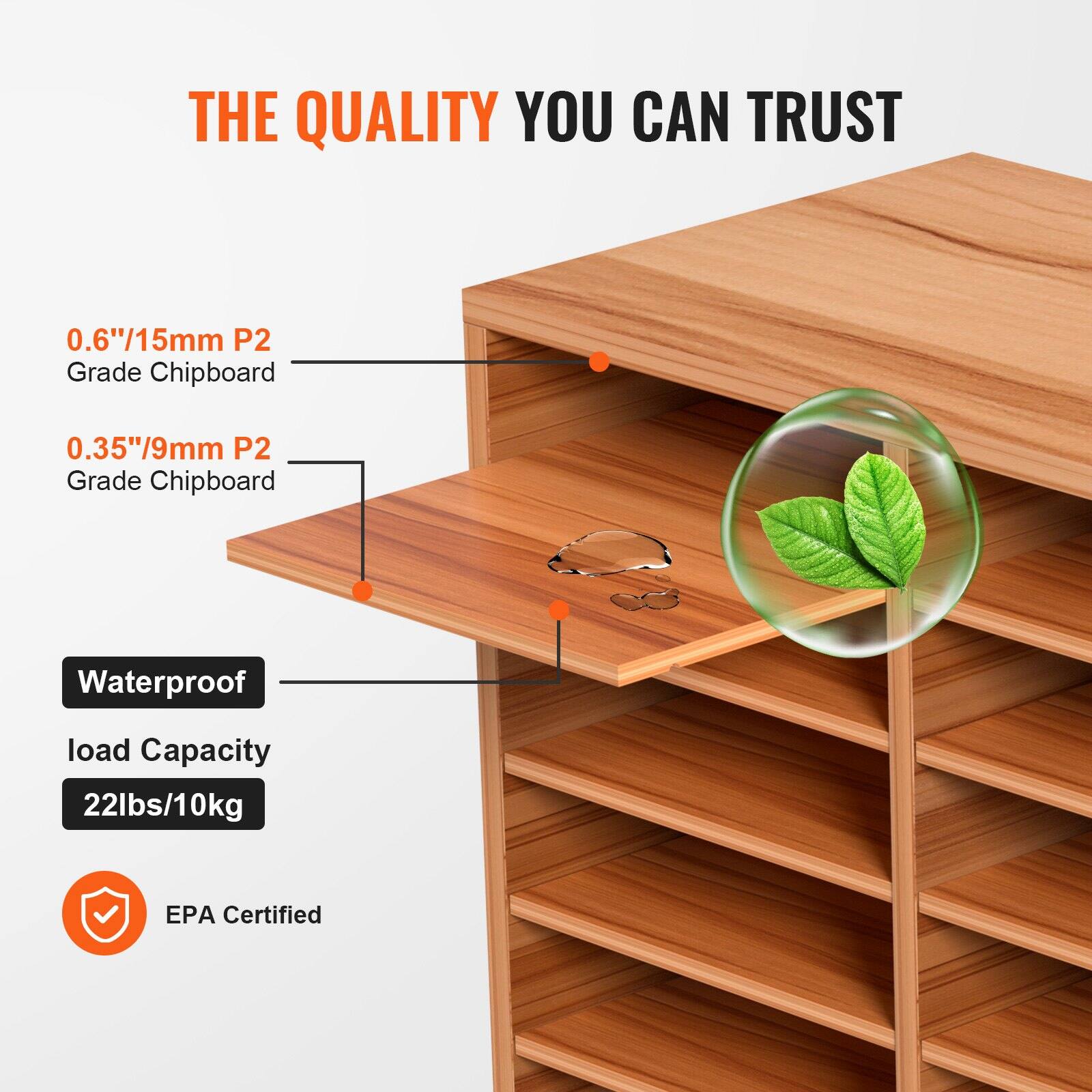 THE QUALITY YOU CAN TRUST

0.6"/15mm P2 Grade Chipboard  
0.35"/9mm P2 Grade Chipboard  

Waterproof  
Load Capacity 22lbs/10kg  

EPA Certified