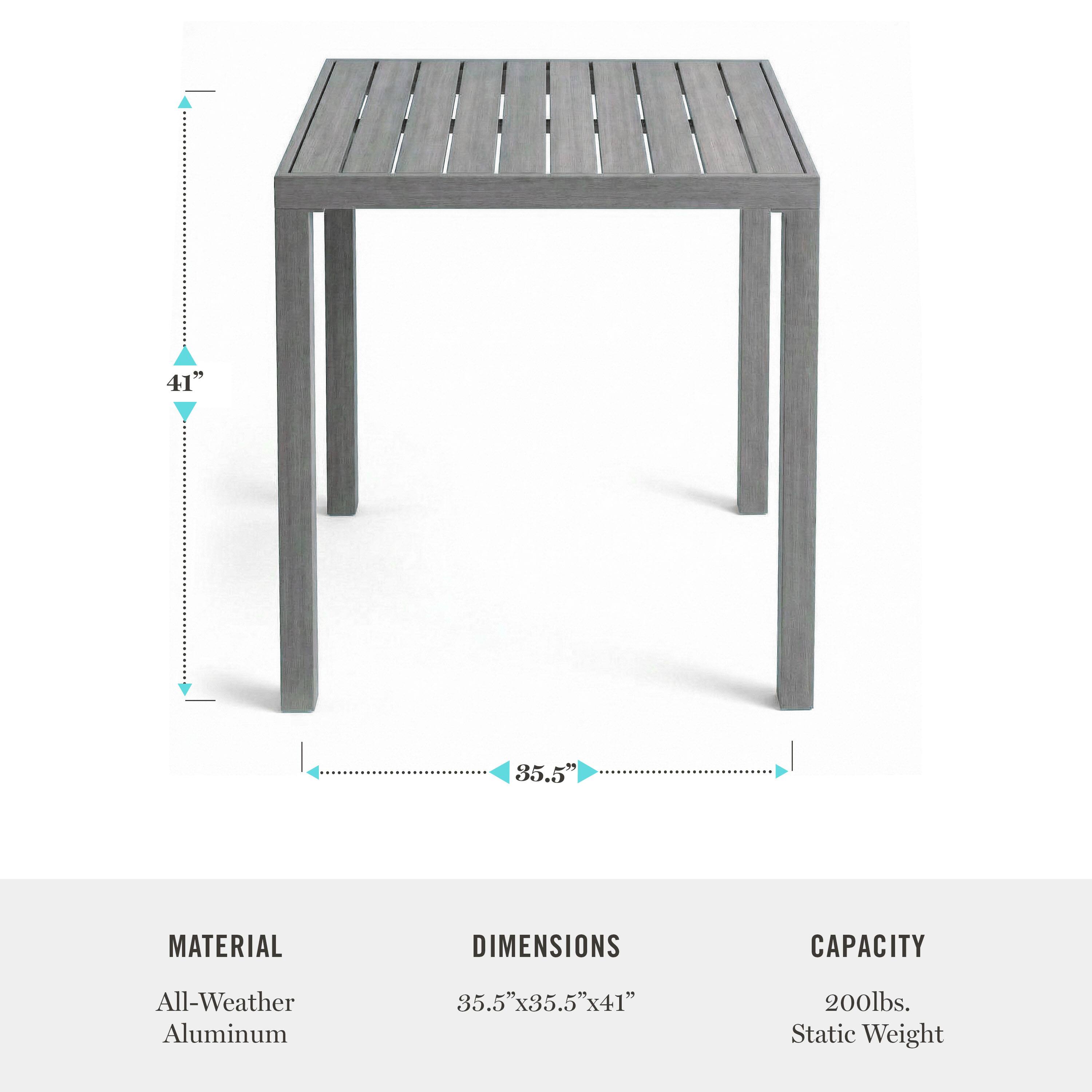 19 41 5 30.5

MATERIAL: All-Weather Aluminum

DIMENSIONS: 35.5"x35.5"x41"

CAPACITY: 200lbs. Static Weight