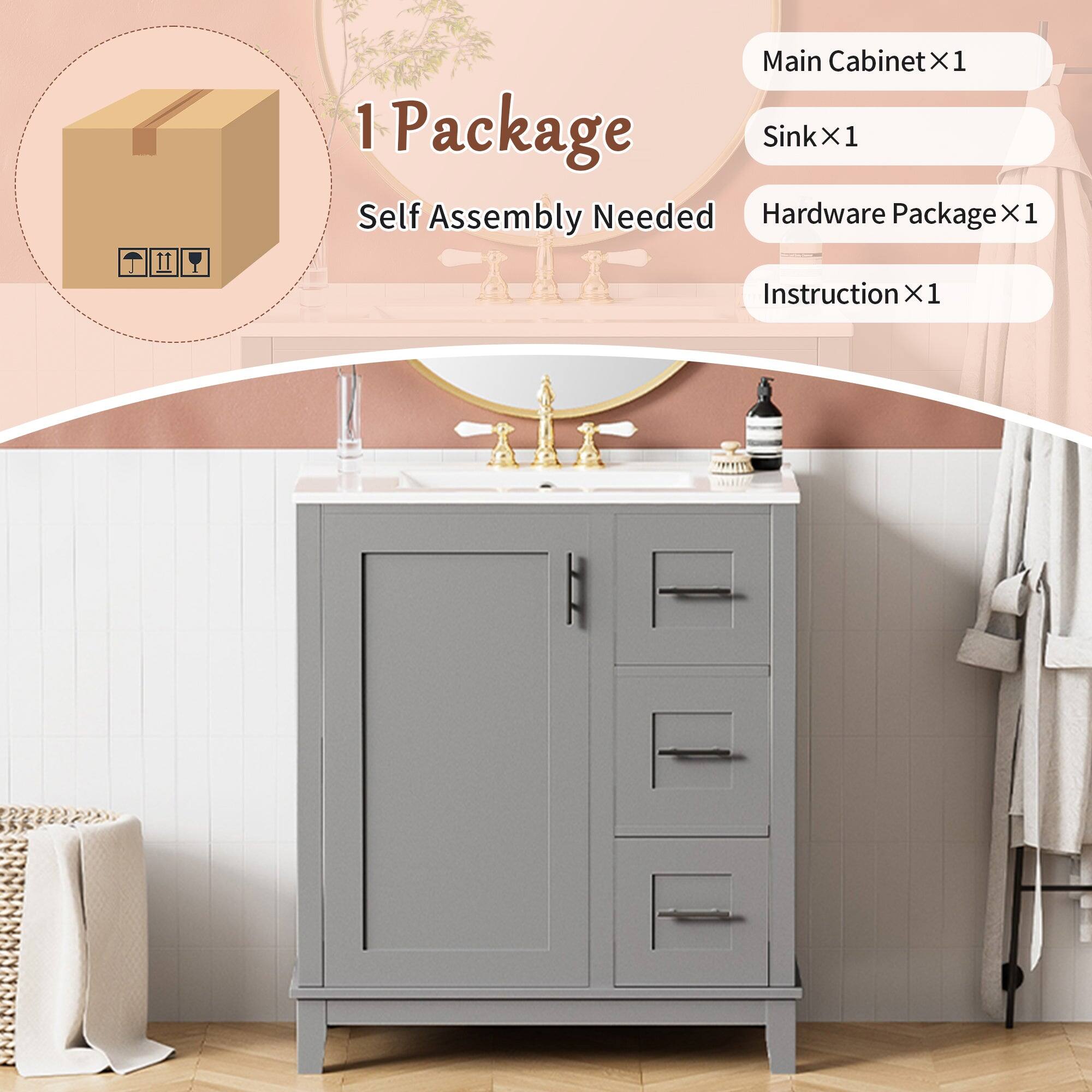 1 Package  
Self Assembly Needed  

Main Cabinet X1  
Sink X1  
Hardware Package X1  
Instruction X1