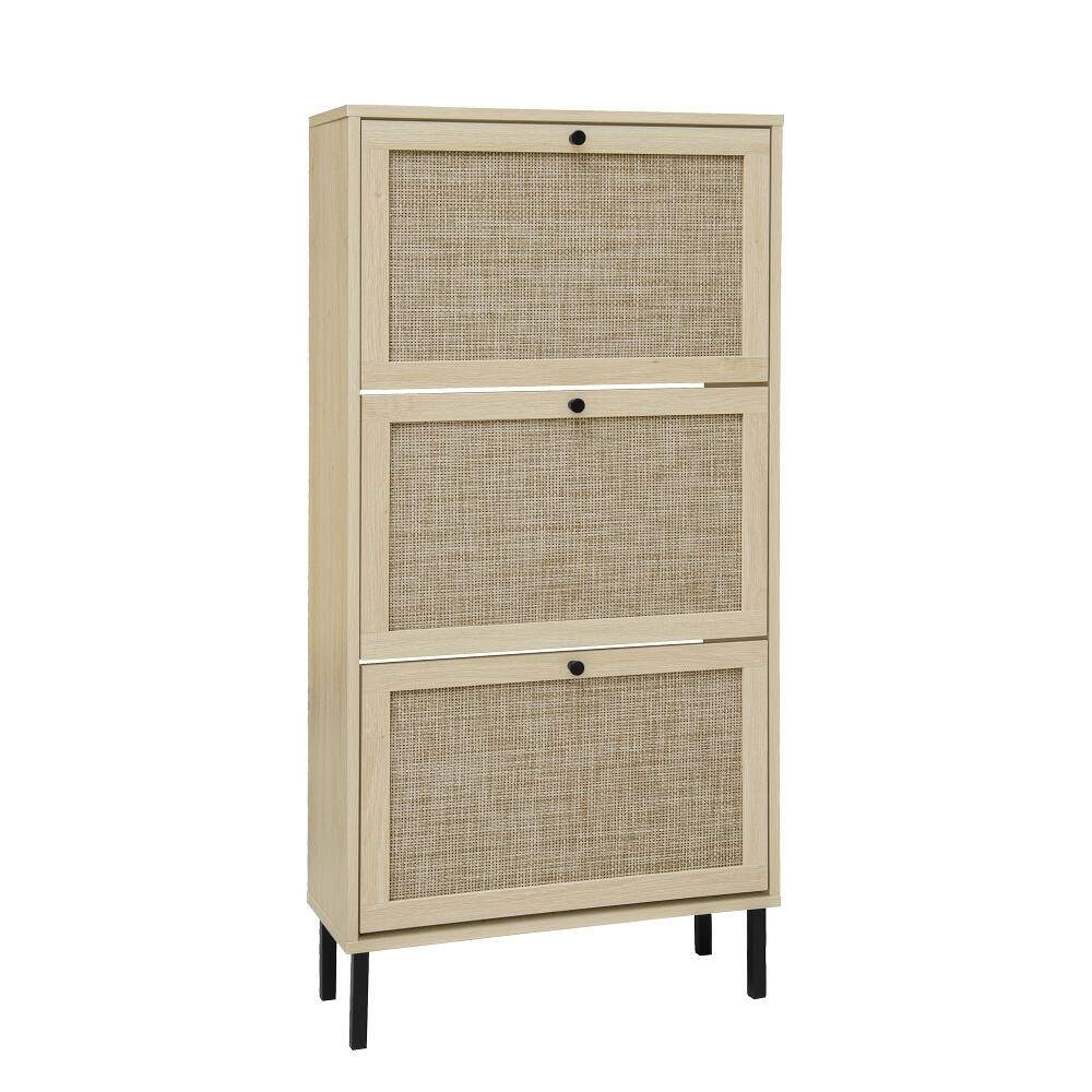 Alt View 6. Loheer - Loheer Rattan 3 Door Shoe Rack, Freestanding Modern Shoe Storage Cabinet, Natural Finish - Natural.