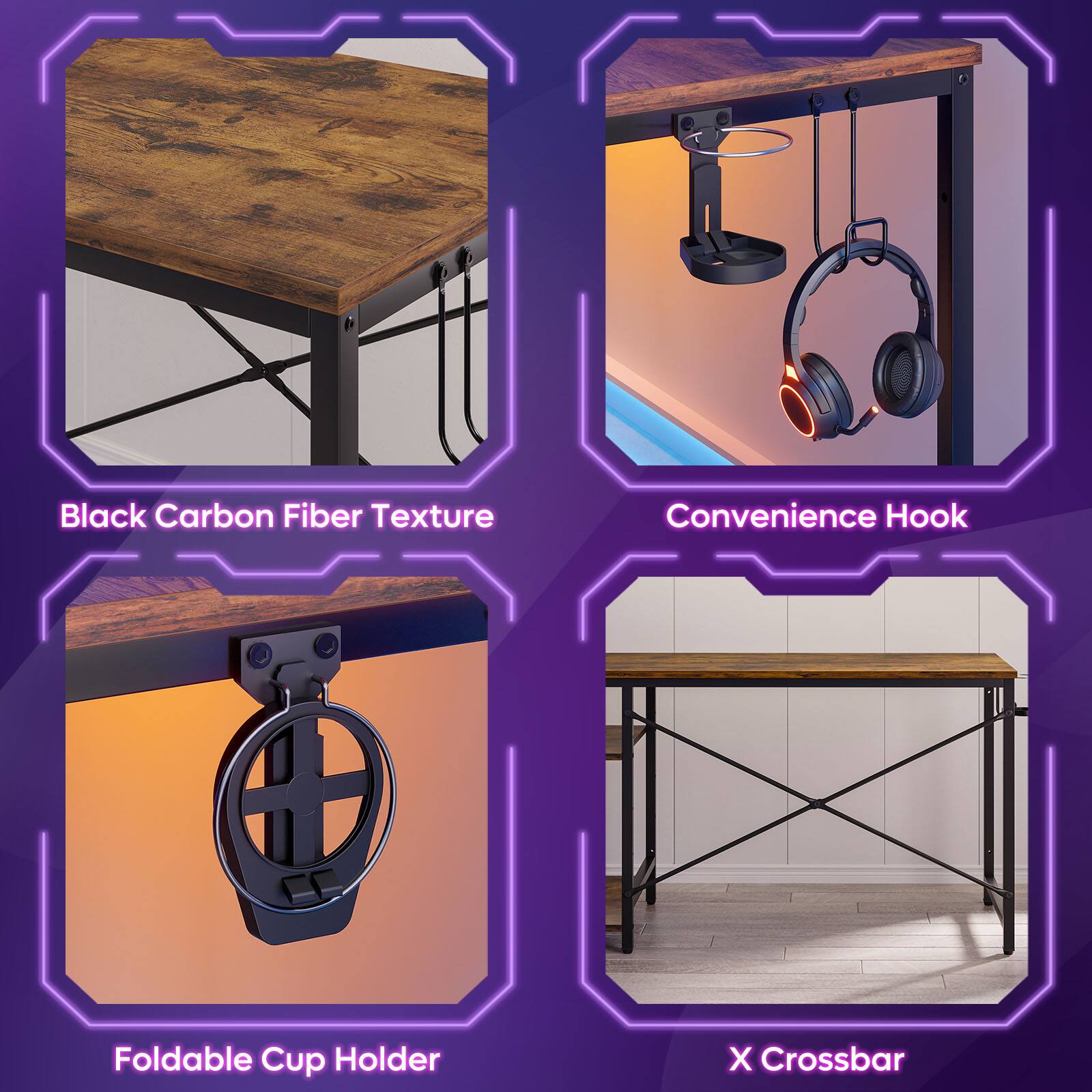 The text on the image is grouped as follows:

1. Black Carbon Fiber Texture
2. Convenience Hook
3. Foldable Cup Holder
4. X Crossbar