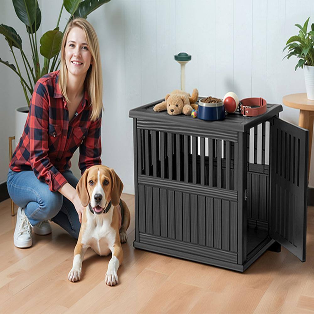 Angle. Yardgrace - 129 Indoor Dog Crate – Foldable Medium Kennel, Secure Locks, Removable Tray, Easy-Clean, Travel-Friendly, Crate Training - Black.