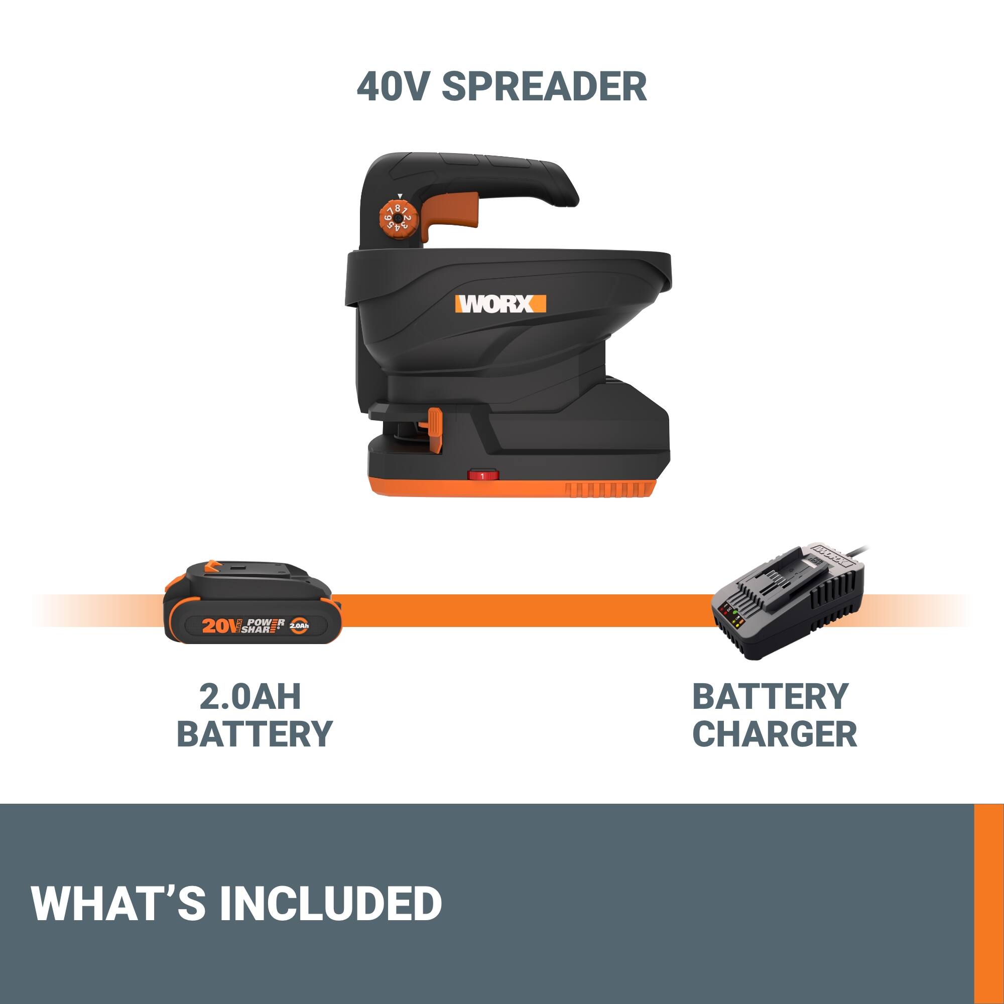 The image shows a 40V spreader, which is a tool used for spreading materials. It is accompanied by a 2.0AH battery and a battery charger. The image also includes a description of the product, which is a 40V spreader that comes with a 2.0AH battery and a battery charger. The product is designed to help with spreading tasks, and it is a part of the Worx Pow series.