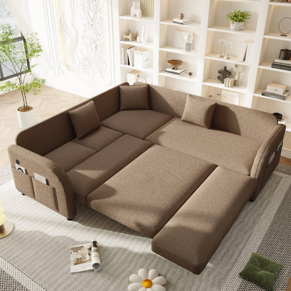Alt View 3. Ropilly - Ropilly L Shaped Sleeper Sofa Brown Sherpa Fleece Sectional with Pull Out Bed and USB Ports - Brown.