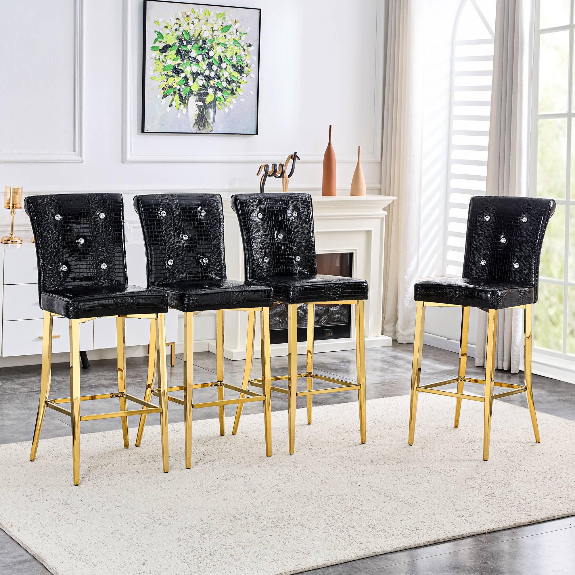 Back. Loheer - Set of 2 Vintage Bar Chairs Faux Crocodile Leather Crystal Tufted Stools 21.3x17x45 in - Black.