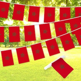 G128 - Morocco Flag Bunting Banner, 33 ft String with 38 Mini Flags, 8.2 x 5.5 in, 150D Polyester - Assorted Colors